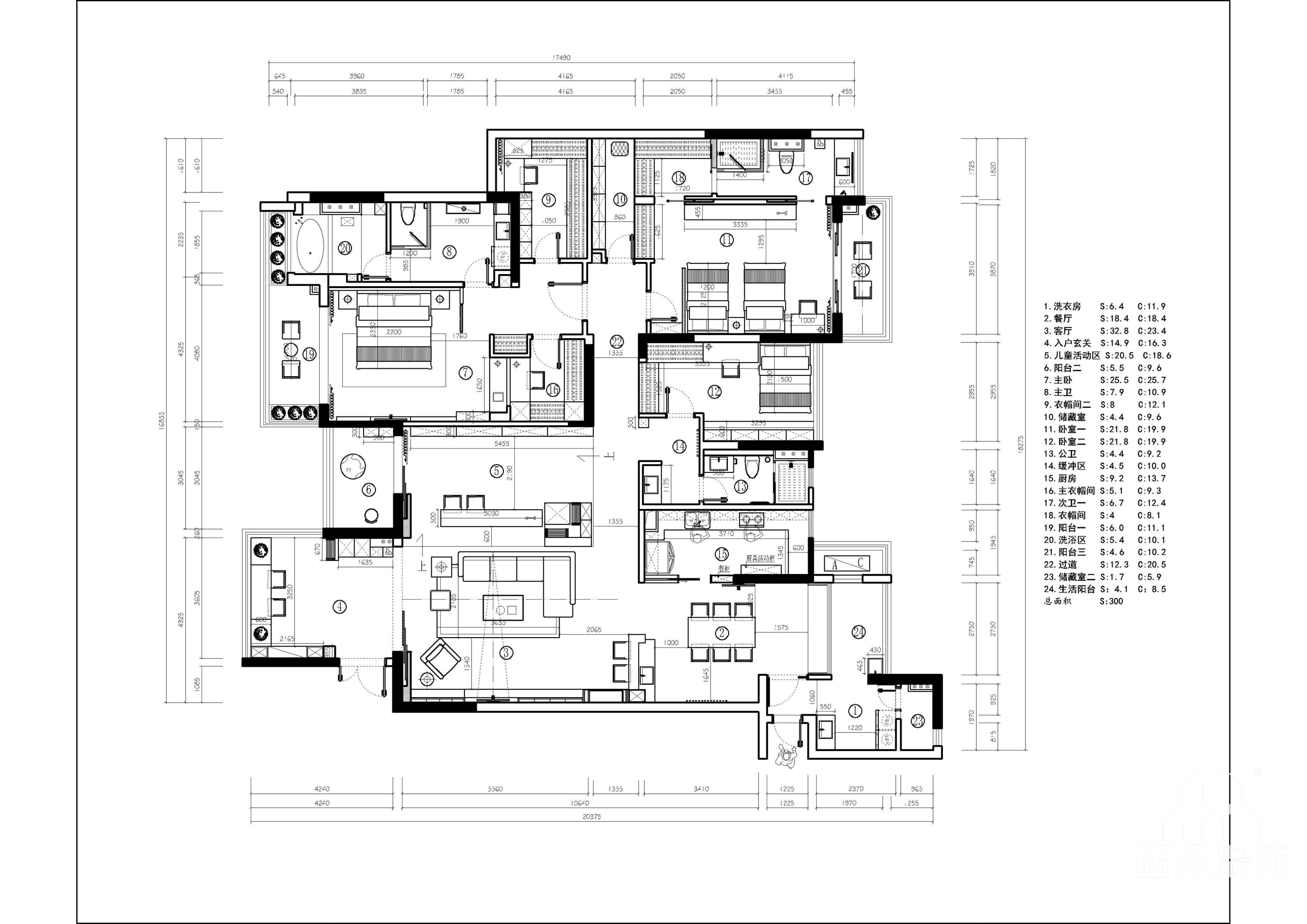 300平米最佳户型图,300平米大户型平面图 美的君兰江山300平方米现代简约风格平层户型户型图装修效果图
