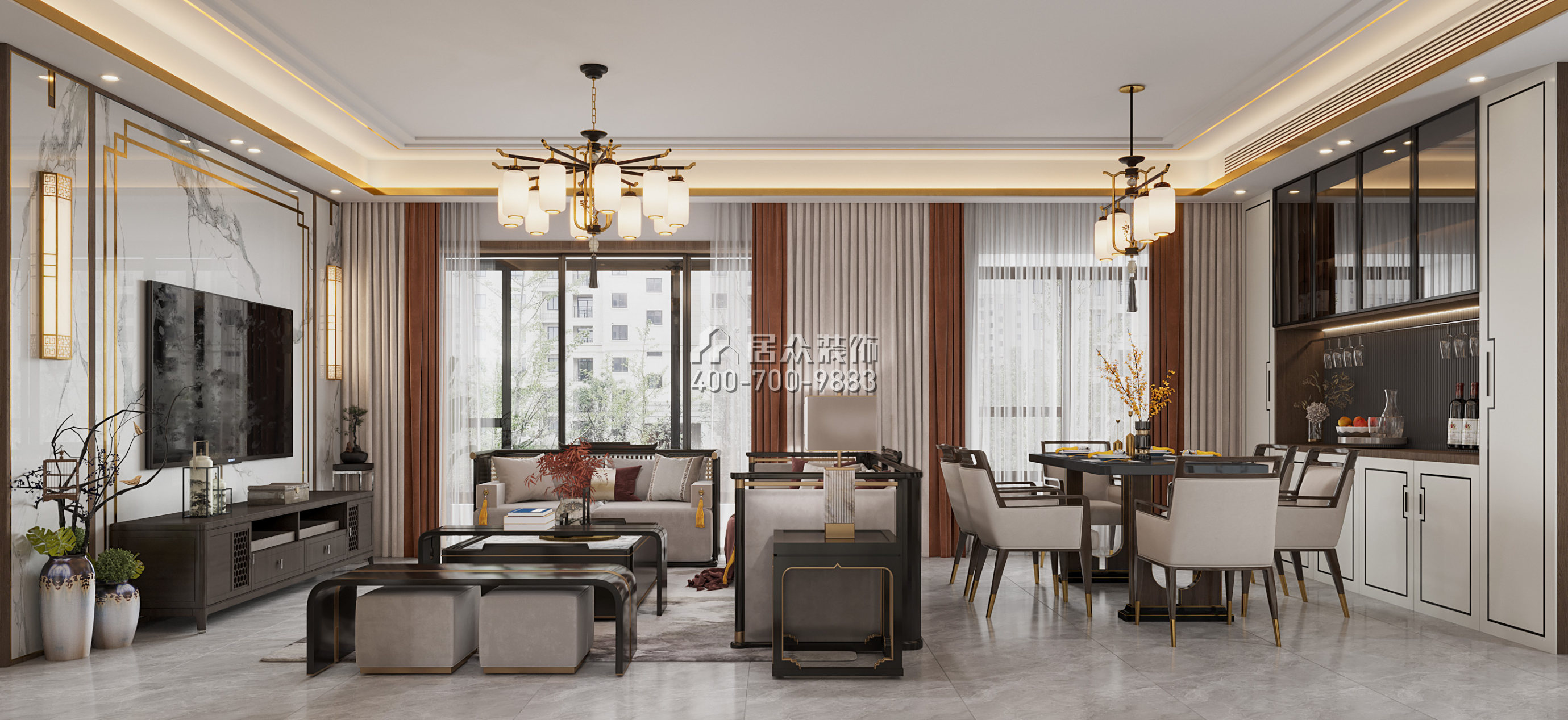 今日香沙御景園120平方米中式風格平層戶型客廳裝修效果圖