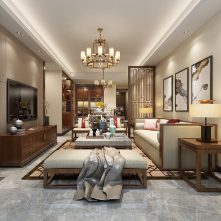 中海鹿丹名苑120平方米中式风格平层户型客厅装修效果图