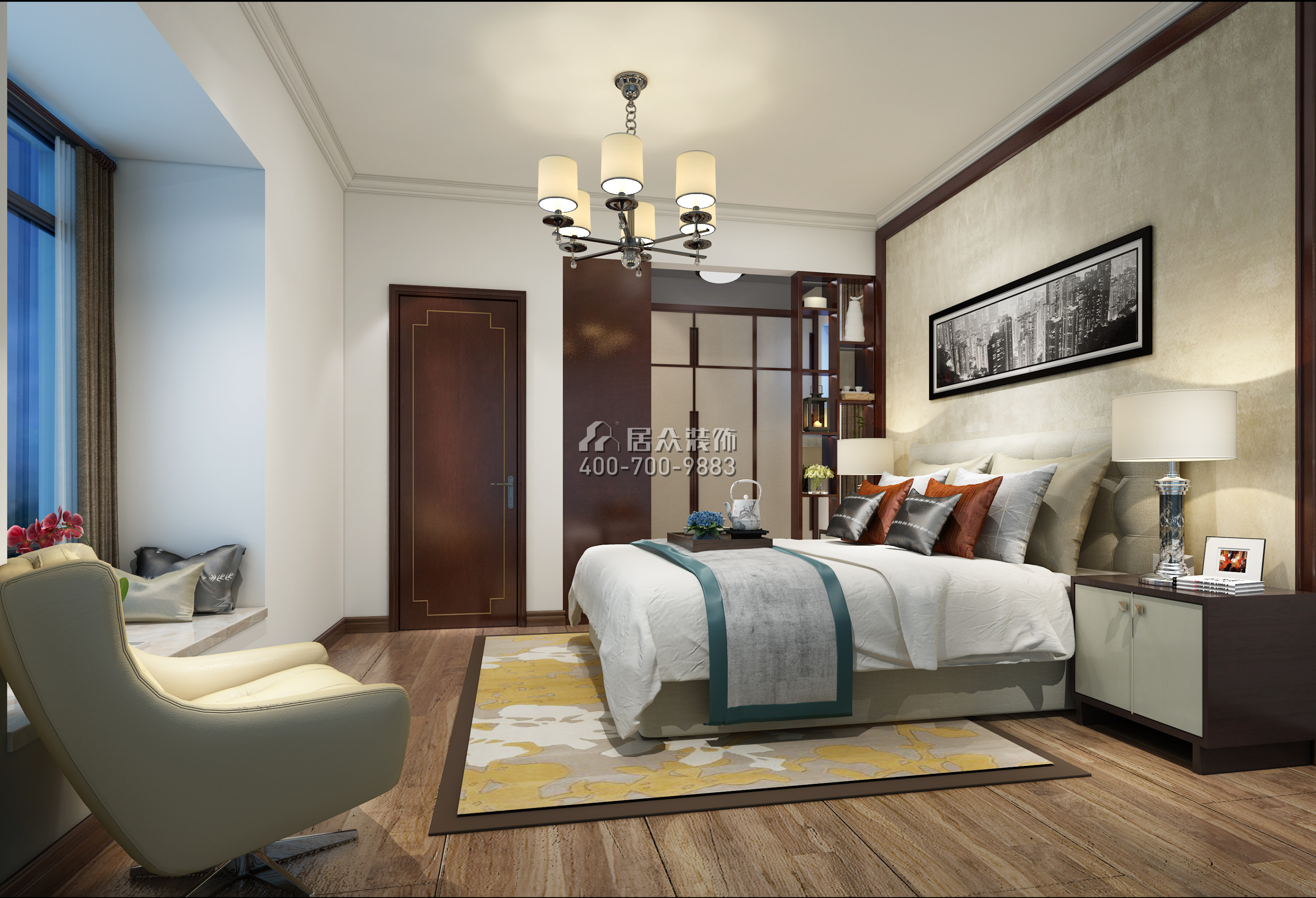 海印长城二期120平方米中式风格平层户型卧室装修效果图