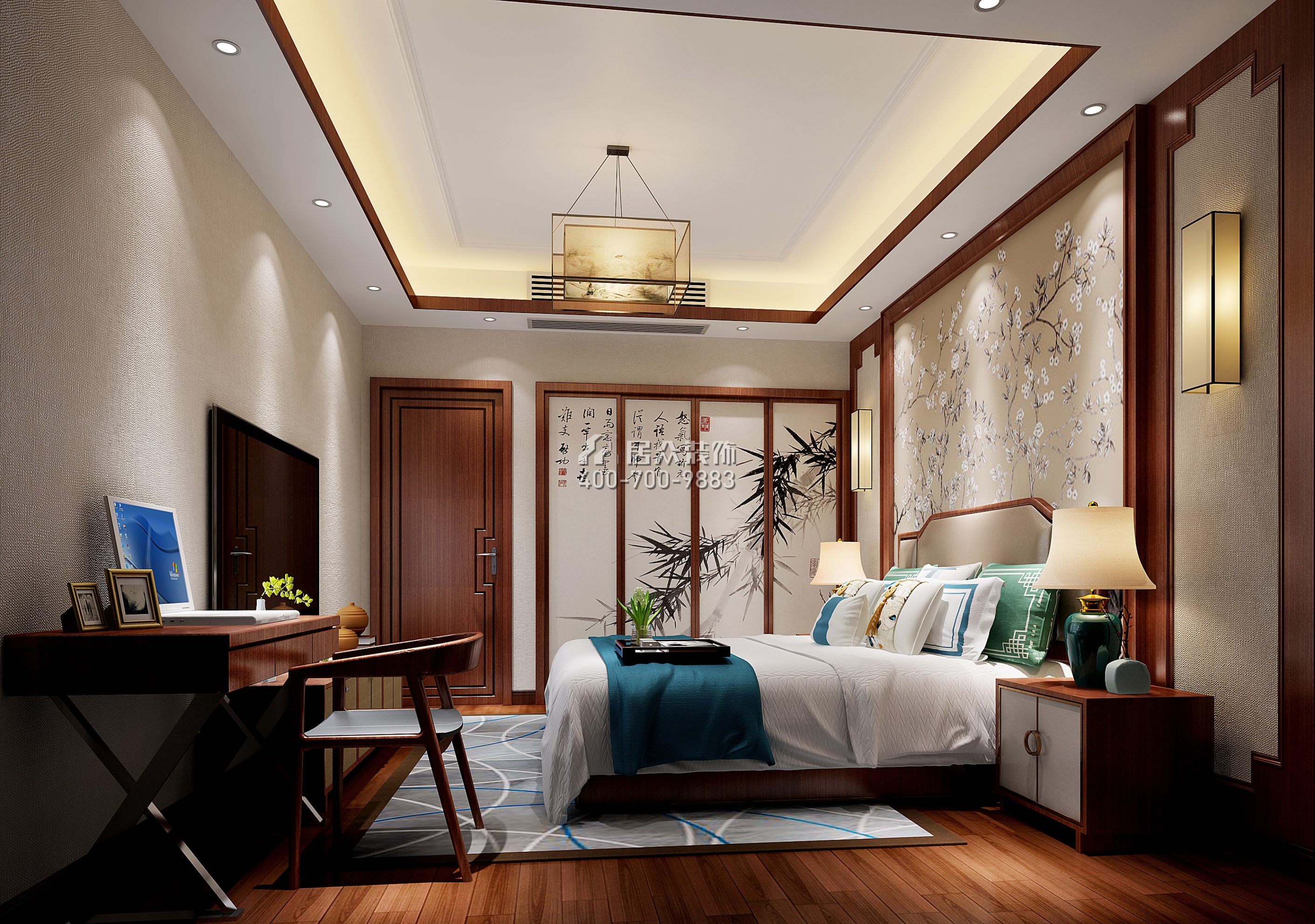 碧湖花园130平方米中式风格平层户型卧室装修效果图