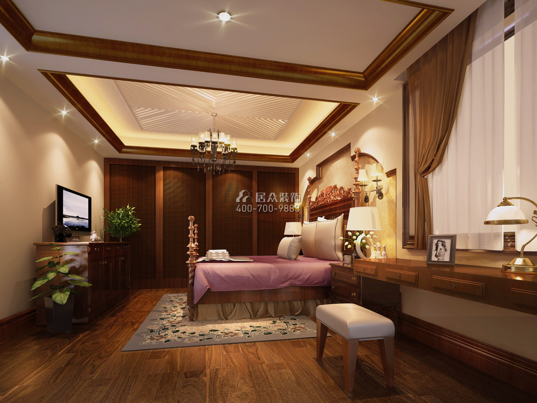 保利国际广场260平方米美式风格平层户型卧室装修效果图