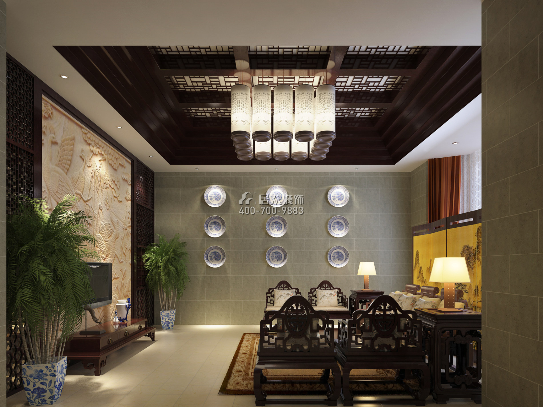 长沙浏阳工业园附近800平方米中式风格别墅户型客厅装修效果图