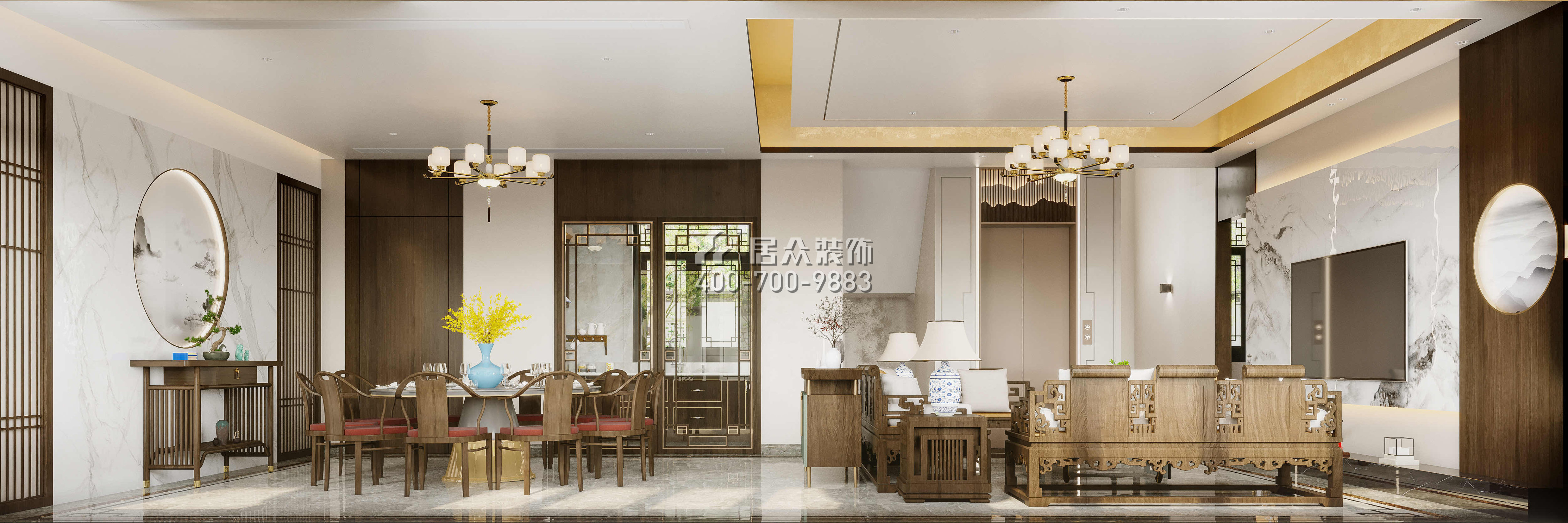 翠湖香山桃花源480平方米中式风格别墅户型客餐厅一体装修效果图