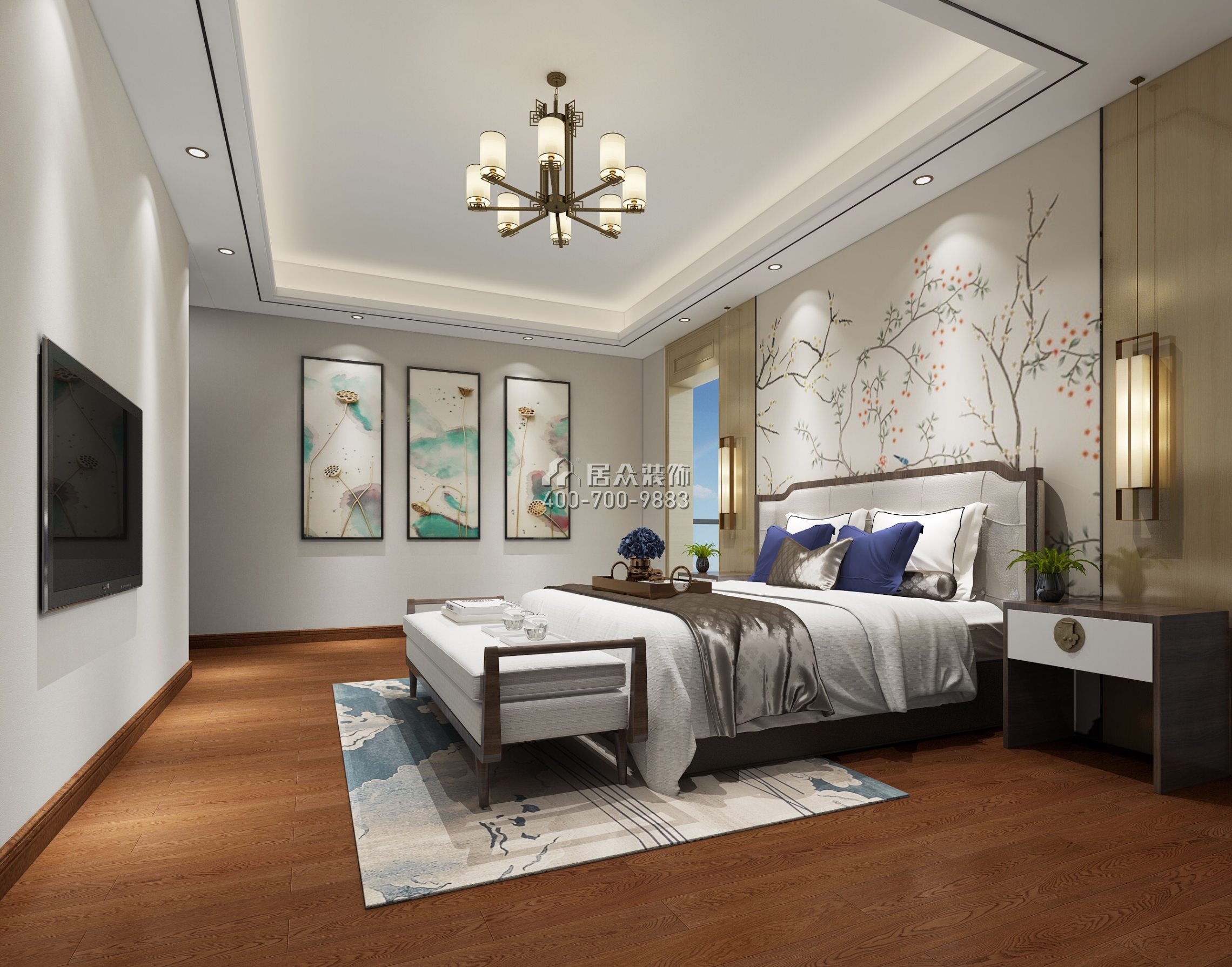 万科双月湾二期352平方米中式风格别墅户型卧室装修效果图