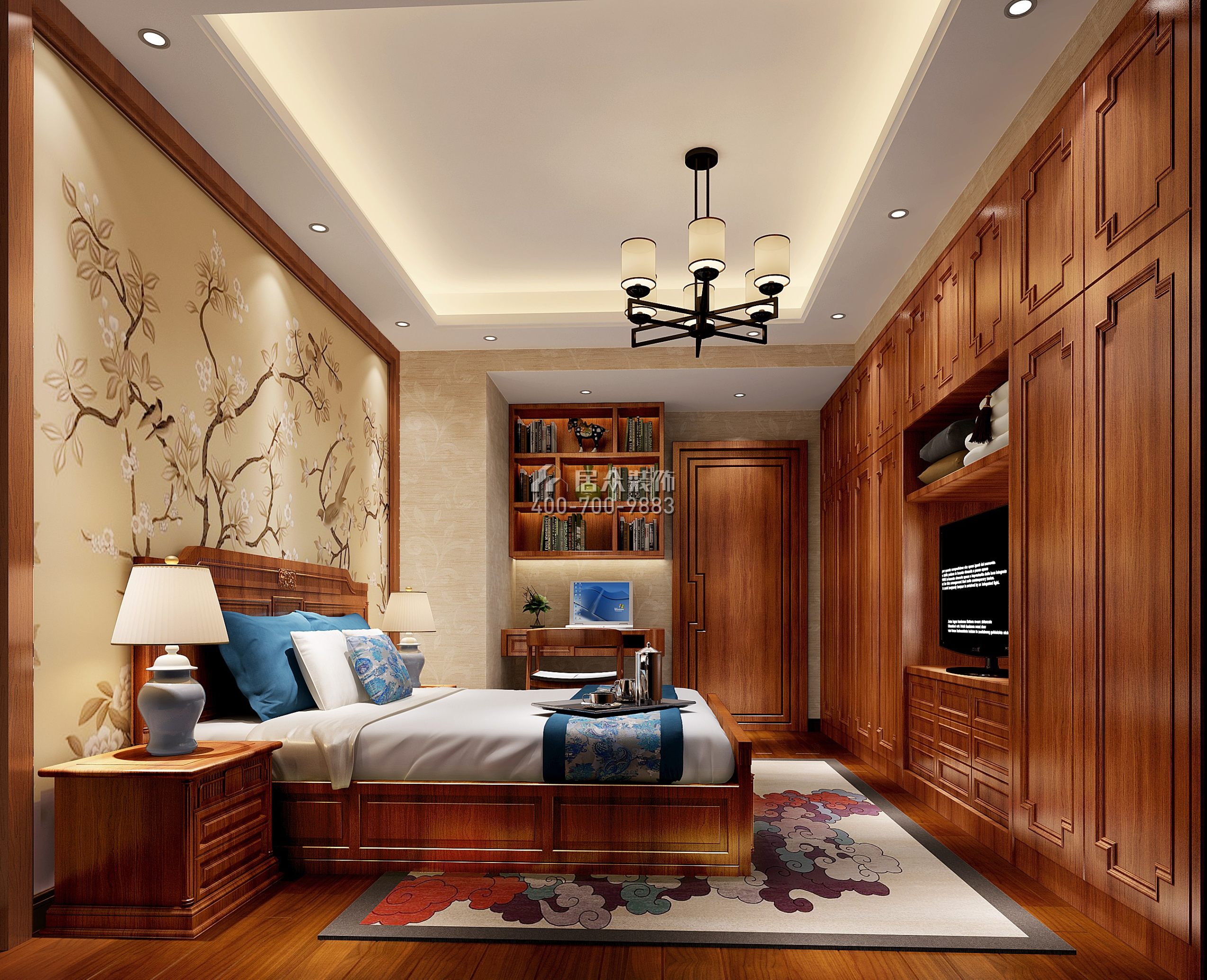 碧湖花园130平方米中式风格平层户型卧室装修效果图