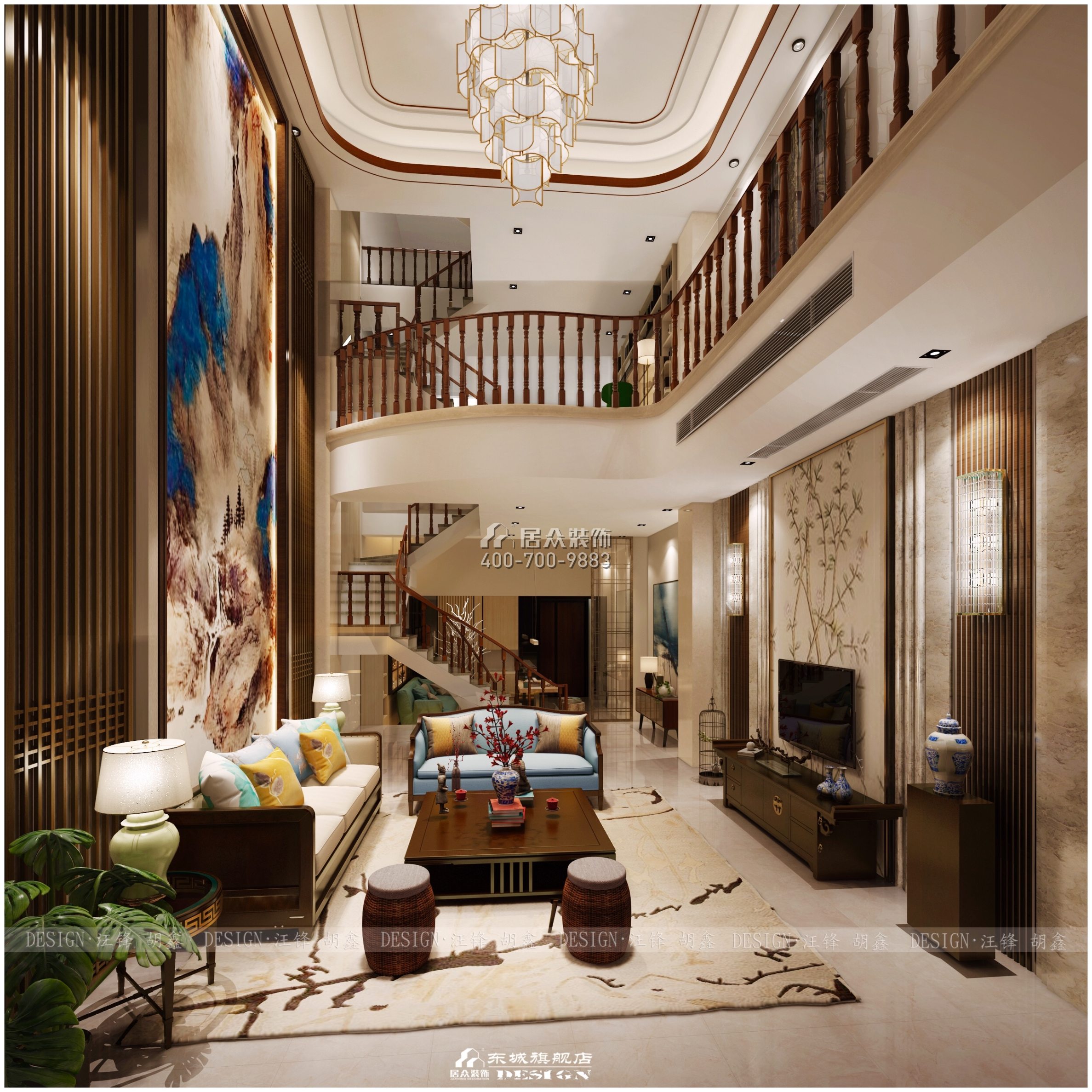 龙湖湘风原著320平方米中式风格别墅户型客厅装修效果图