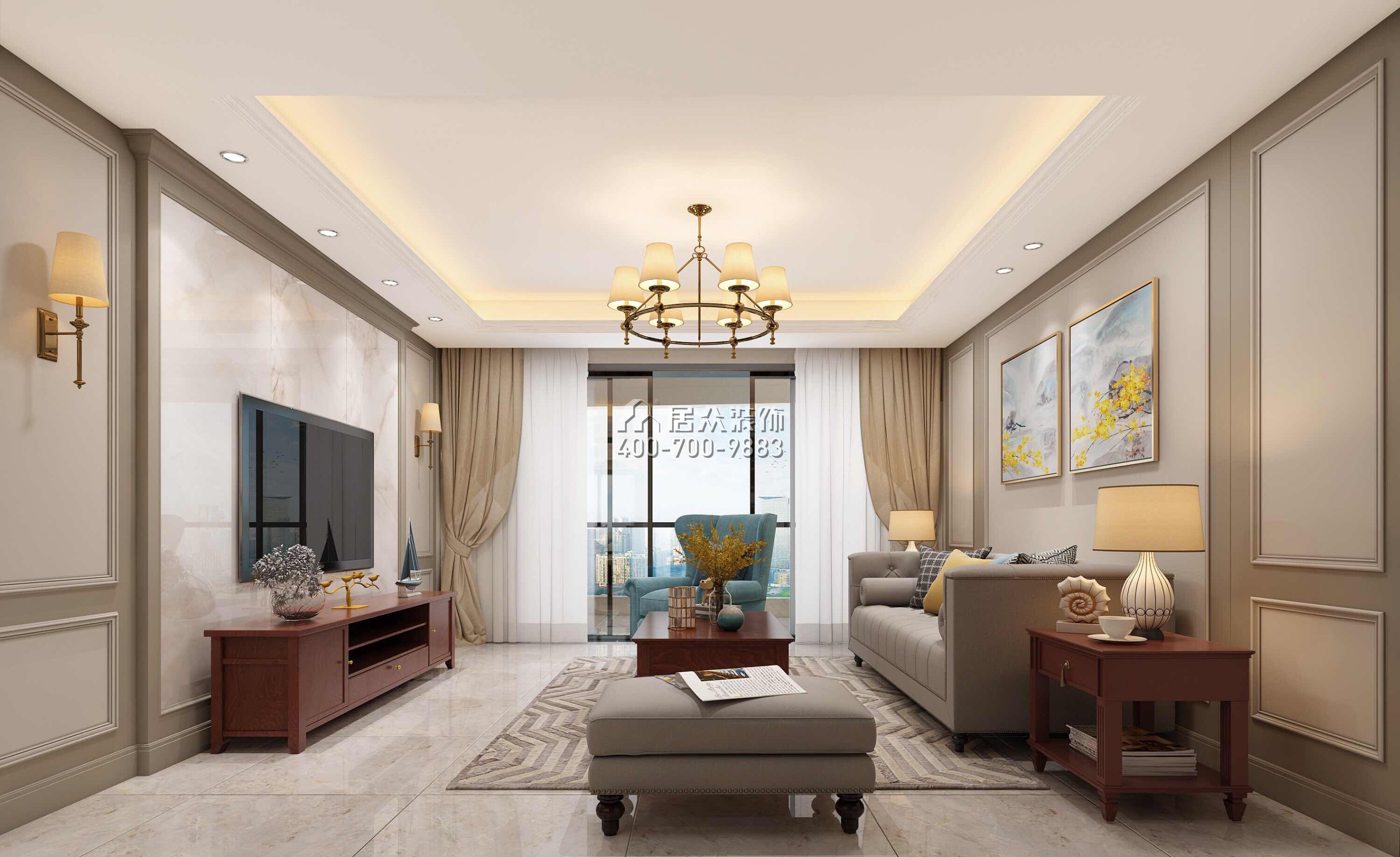 冠城世家145平方米美式風格平層戶型客廳裝修效果圖