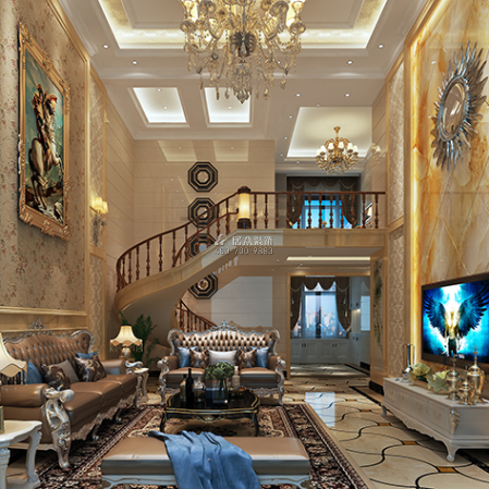 绿岛明珠385平方米欧式风格复式户型客厅装修效果图