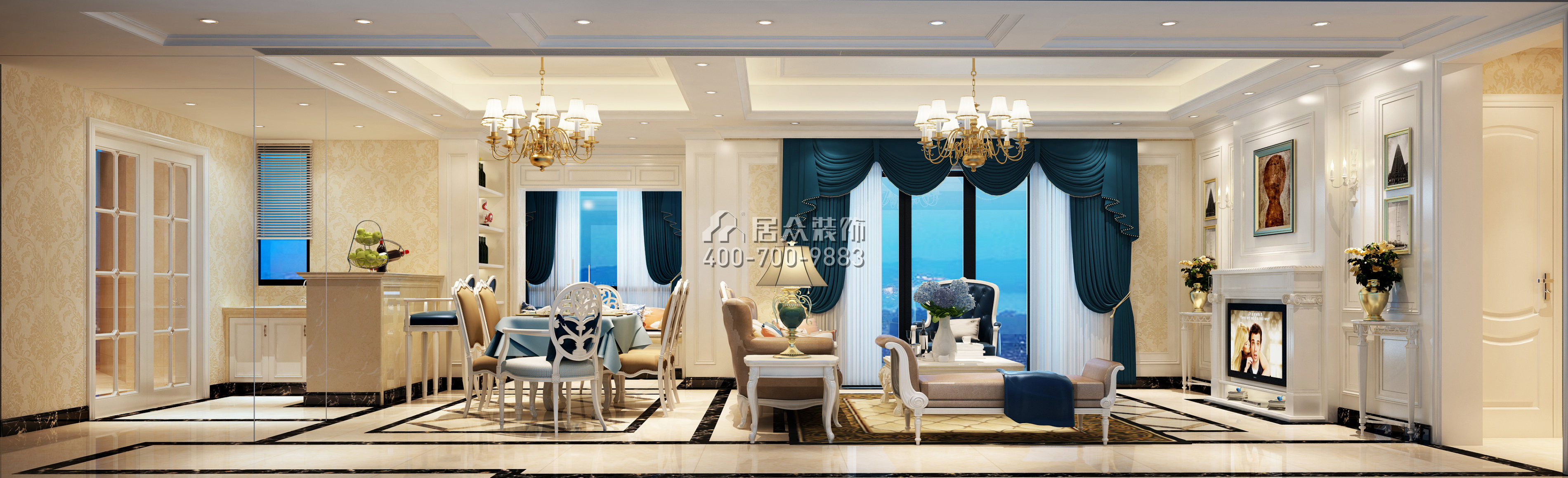 虹湾花园160平方米欧式风格平层户型客厅装修效果图