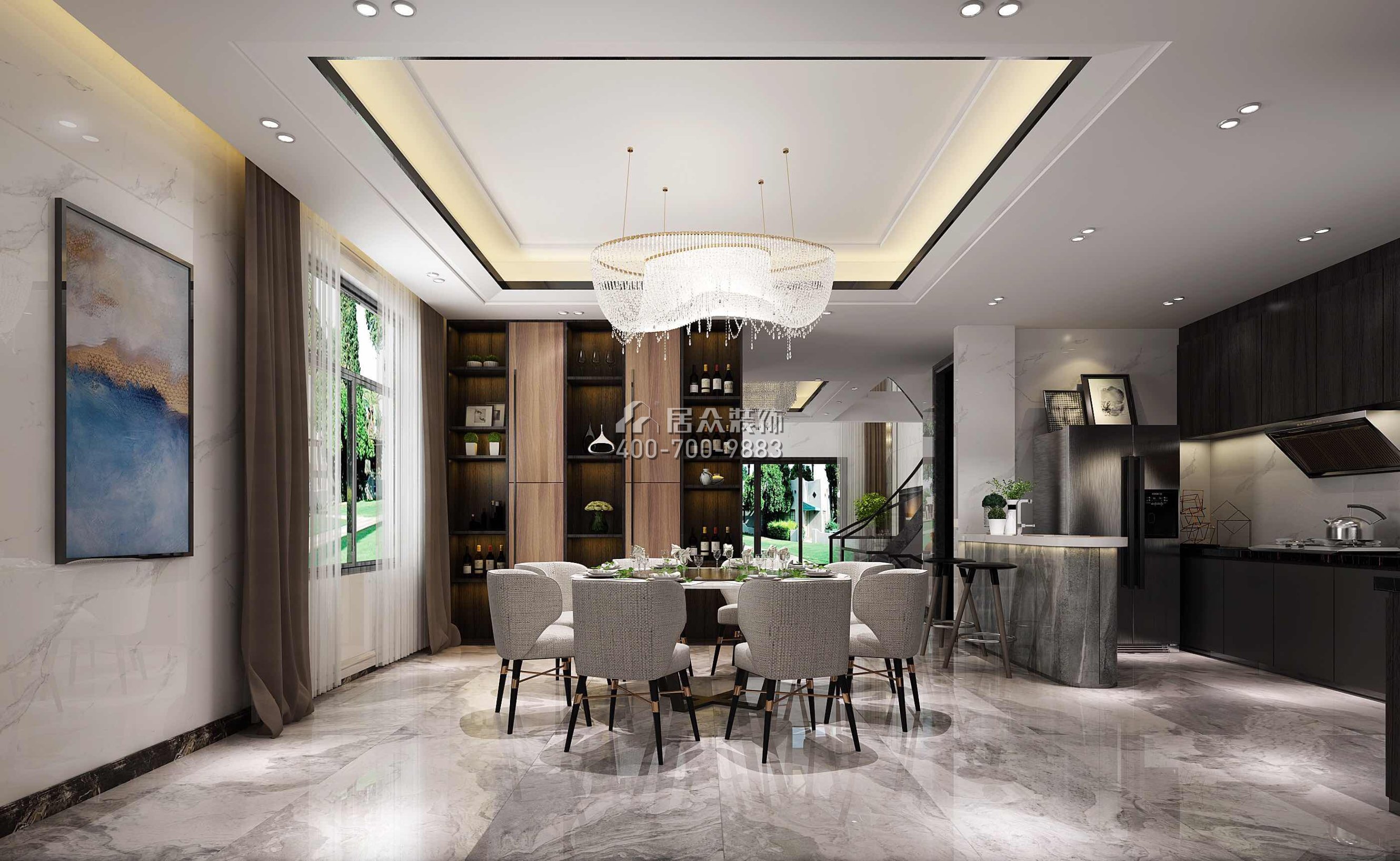 龙光水悦龙湾500平方米现代简约风格别墅户型餐厅装修效果图