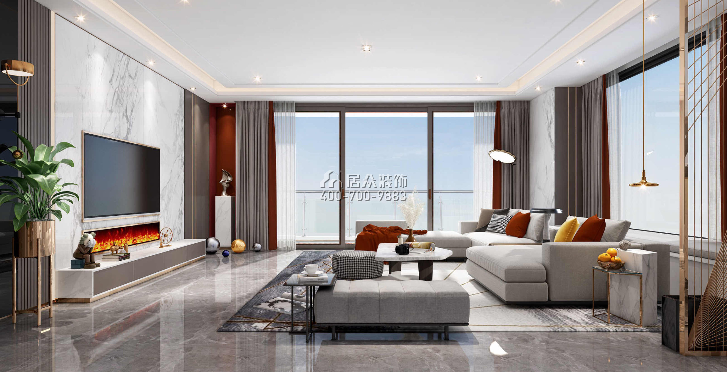 天鵝堡370平方米現代簡約風格平層戶型客廳裝修效果圖