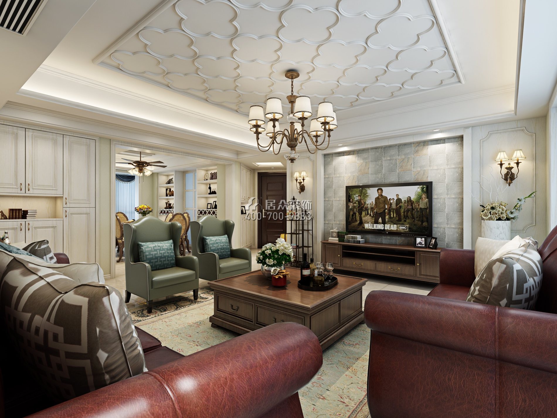 首创名苑155平方米美式风格平层户型客厅装修效果图
