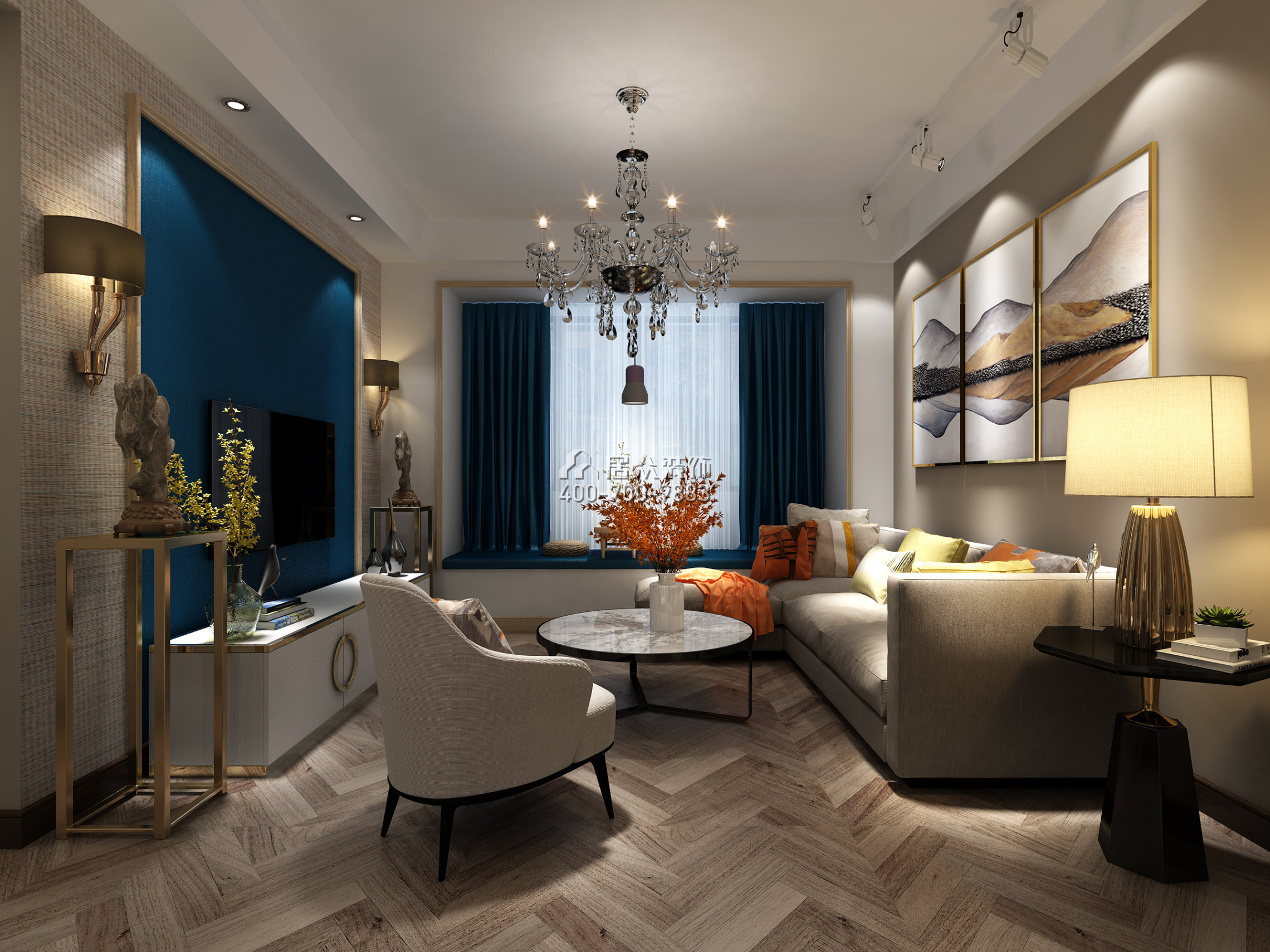 康达尔蝴蝶堡90平方米混搭风格平层户型客厅装修效果图