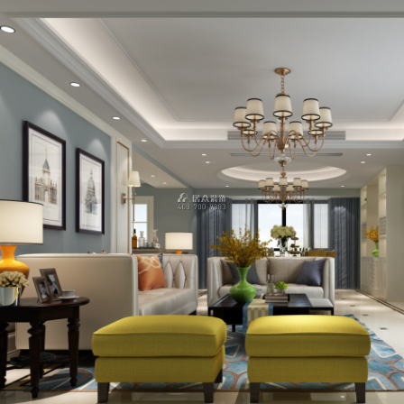 星河丹堤163平方米美式风格平层户型客厅装修效果图