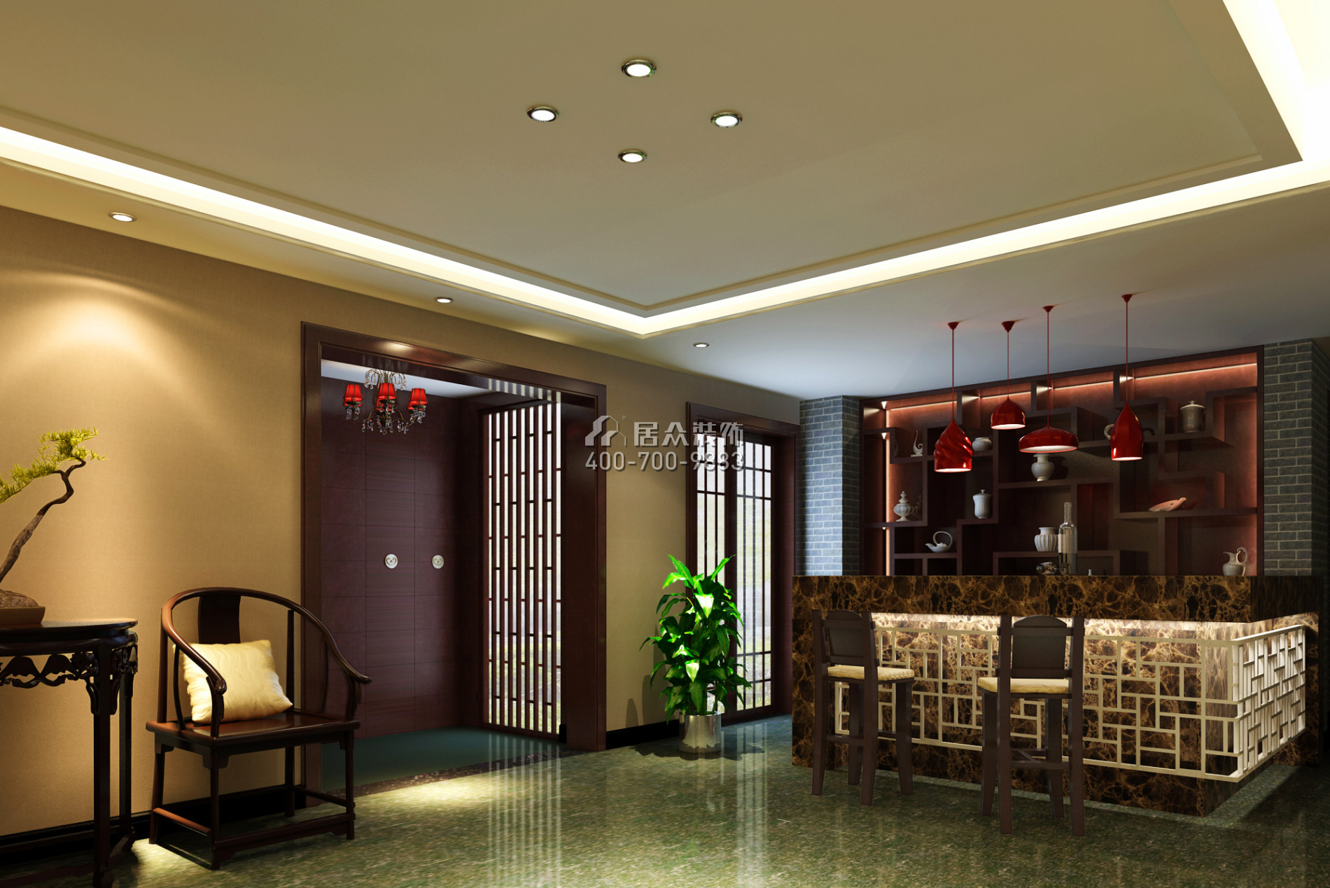 藏龍195平方米中式風格平層戶型客廳裝修效果圖