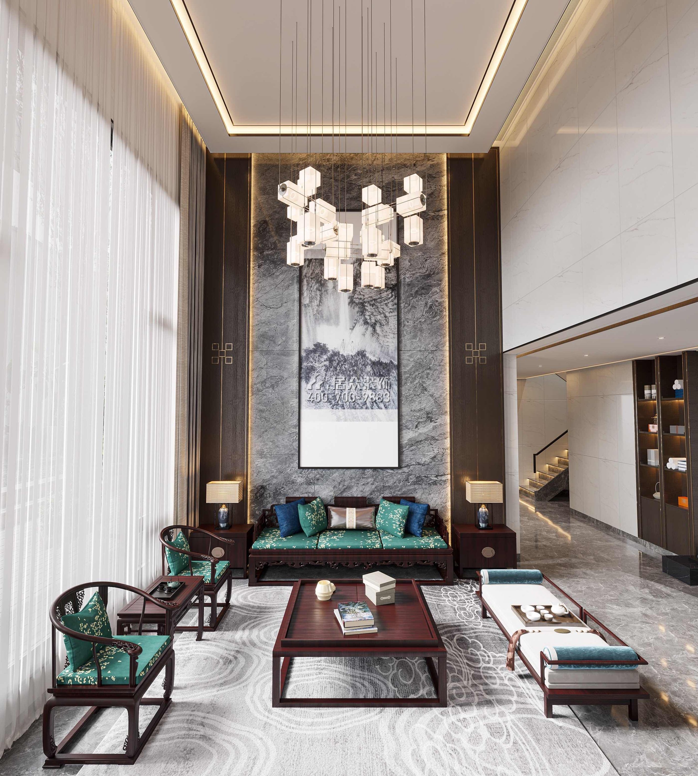 新世纪颐龙湾380平方米中式风格别墅户型客厅装修效果图