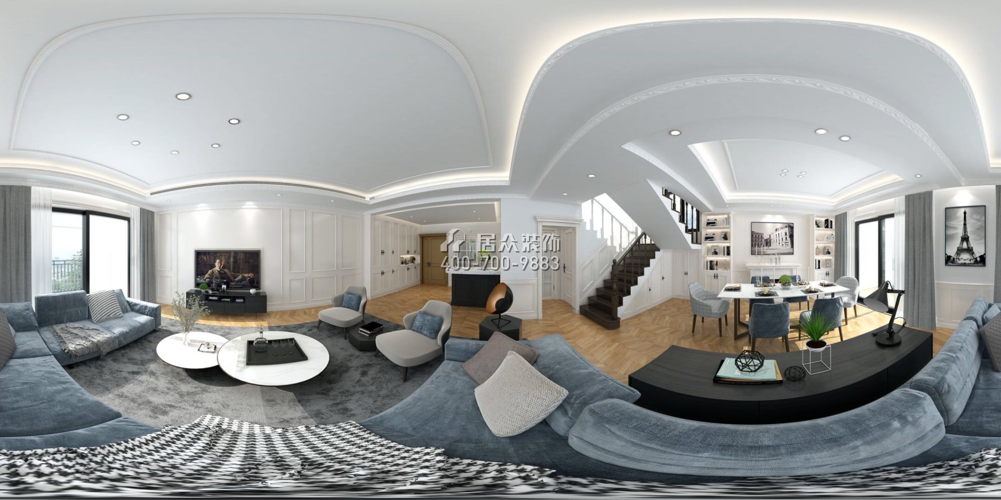 壹方中心二期166平方米美式風格復式戶型客廳裝修效果圖