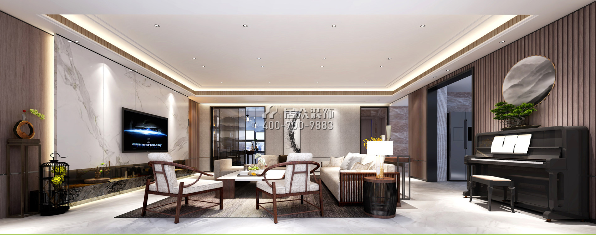 壹方商业中心二期342平方米中式风格平层户型客厅kok电竞平台效果图