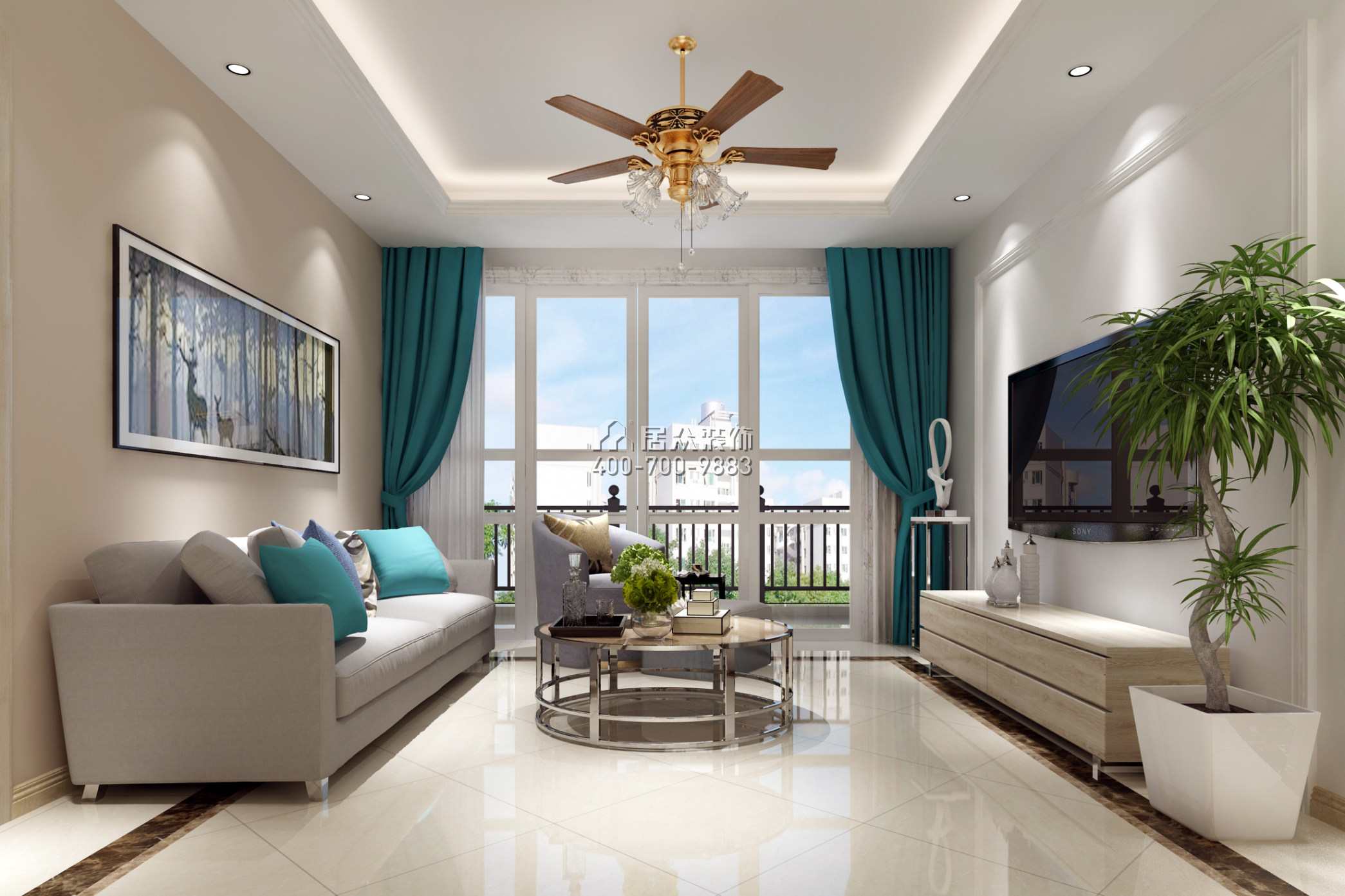 俊景豪園102平方米美式風格平層戶型客廳裝修效果圖