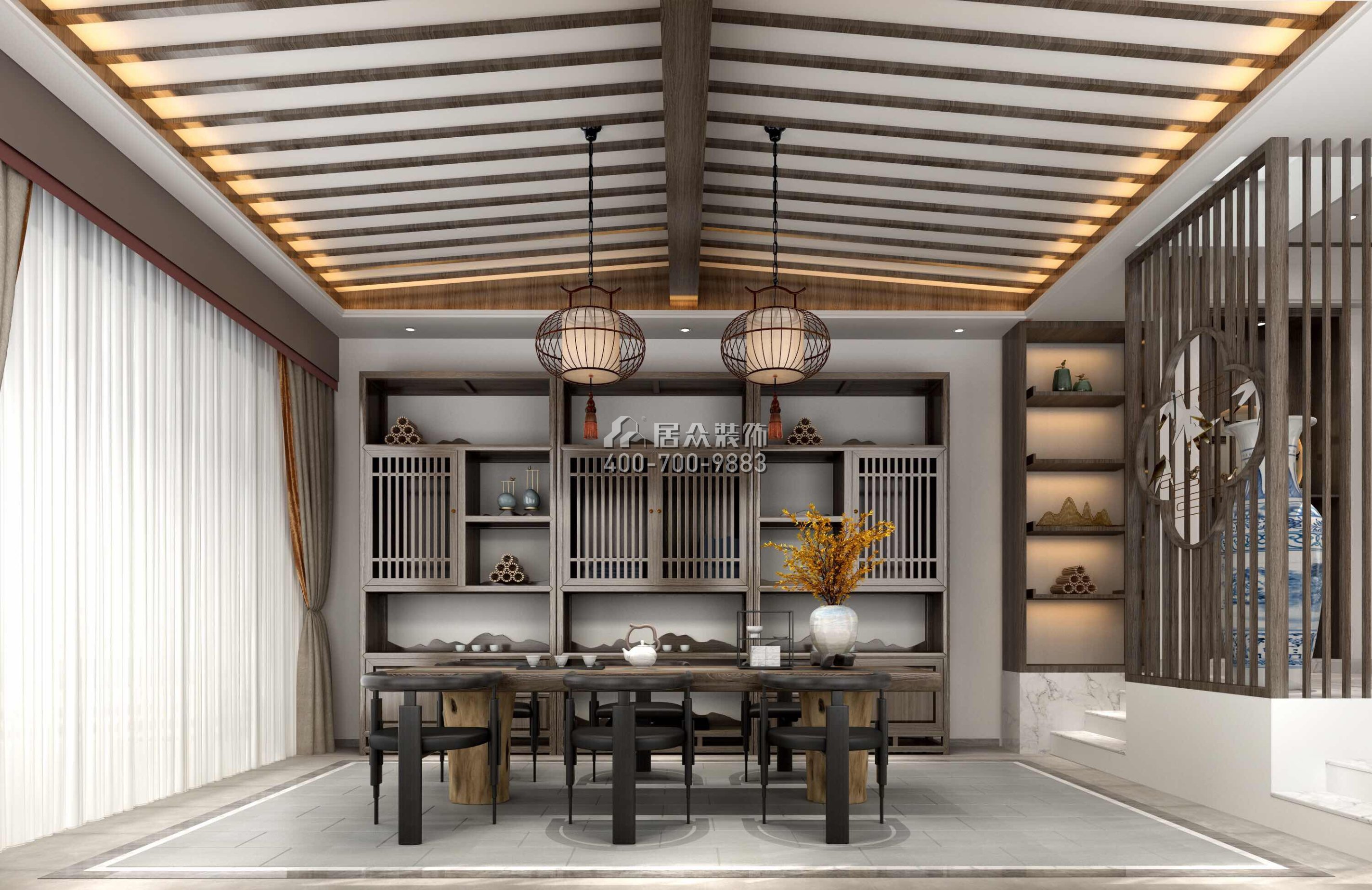 银湖山庄300平方米中式风格别墅户型茶室装修效果图