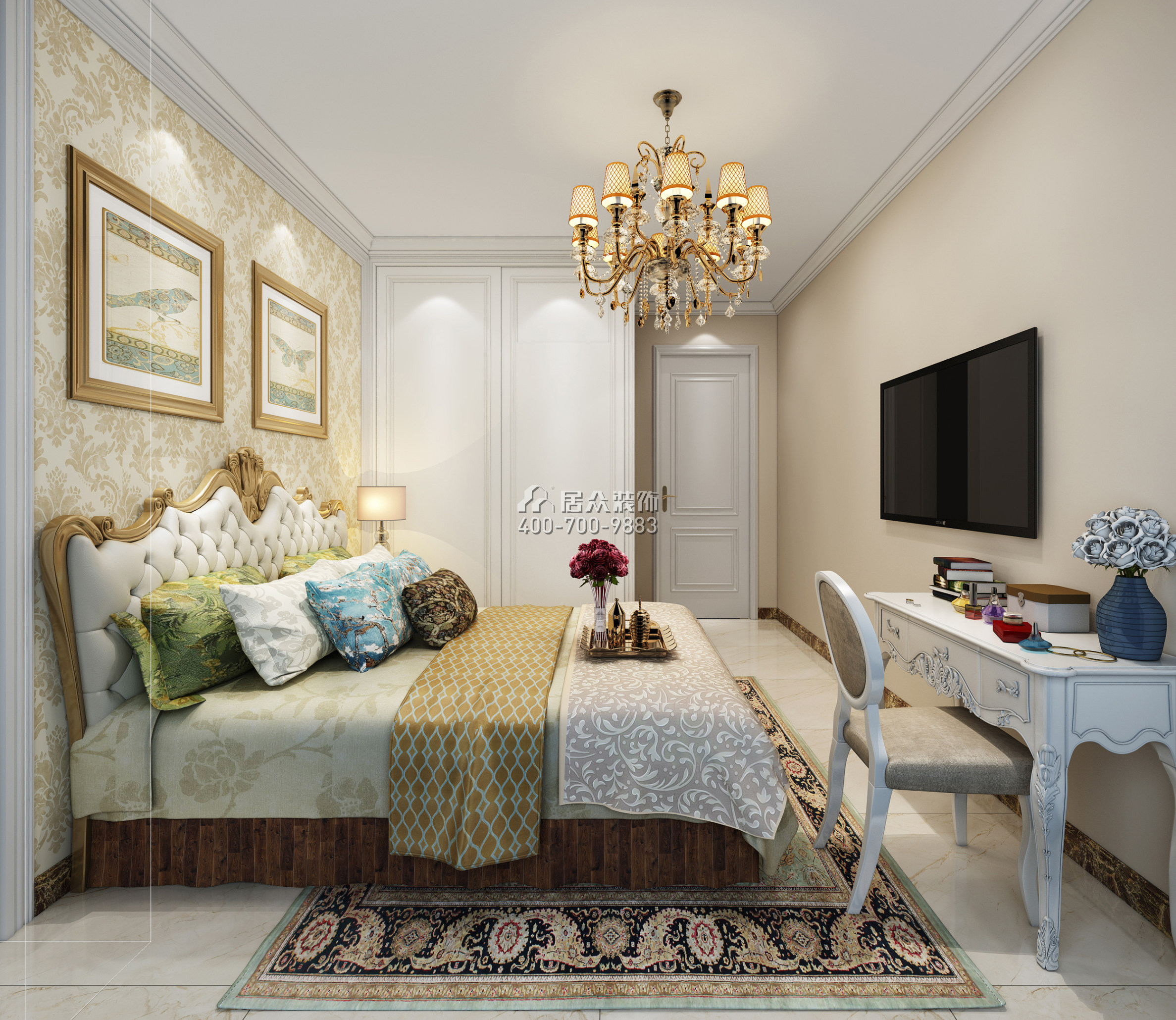 星河银湖谷98平方米美式风格平层户型卧室装修效果图