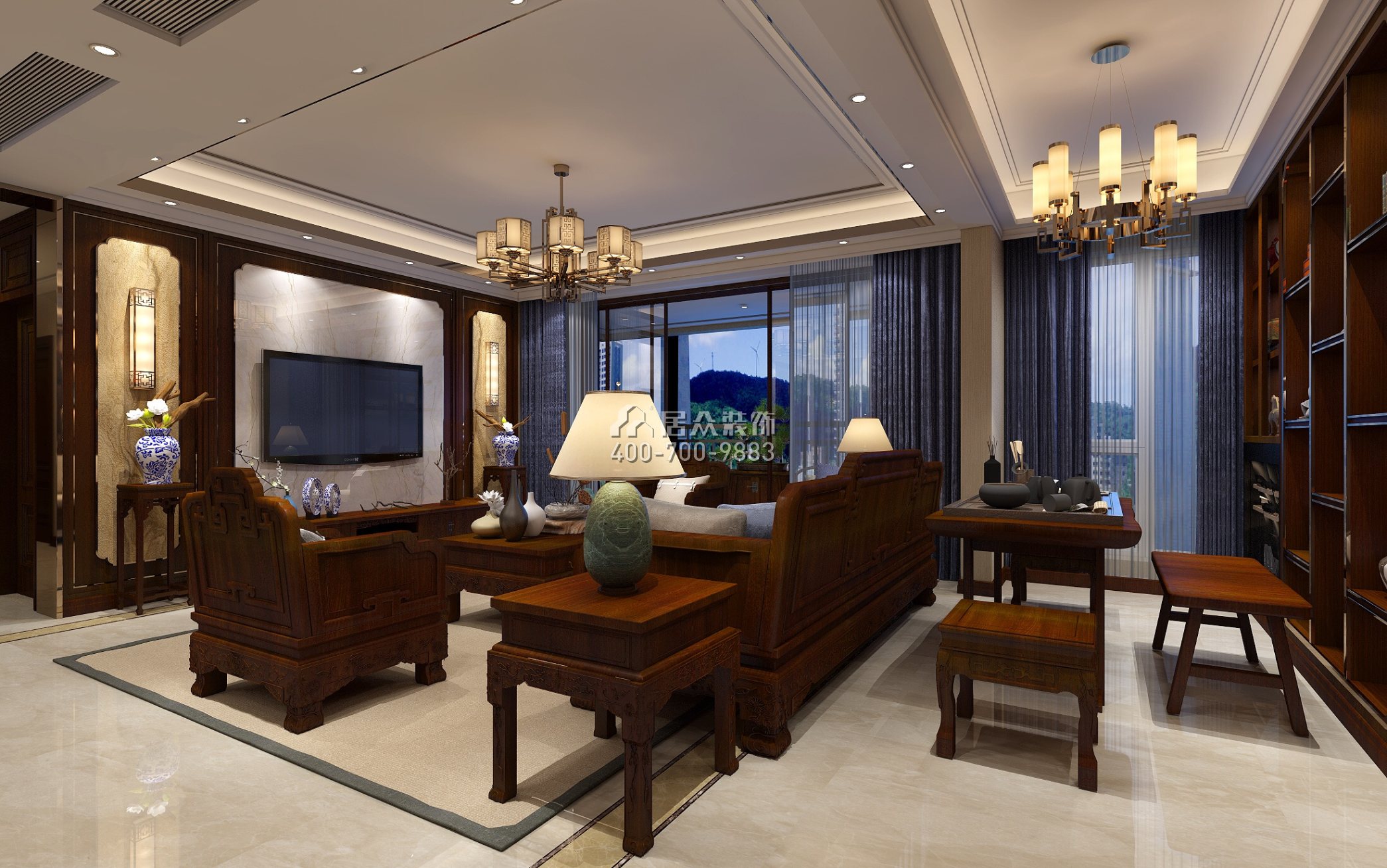 星河银湖谷180平方米中式风格平层户型客厅装修效果图