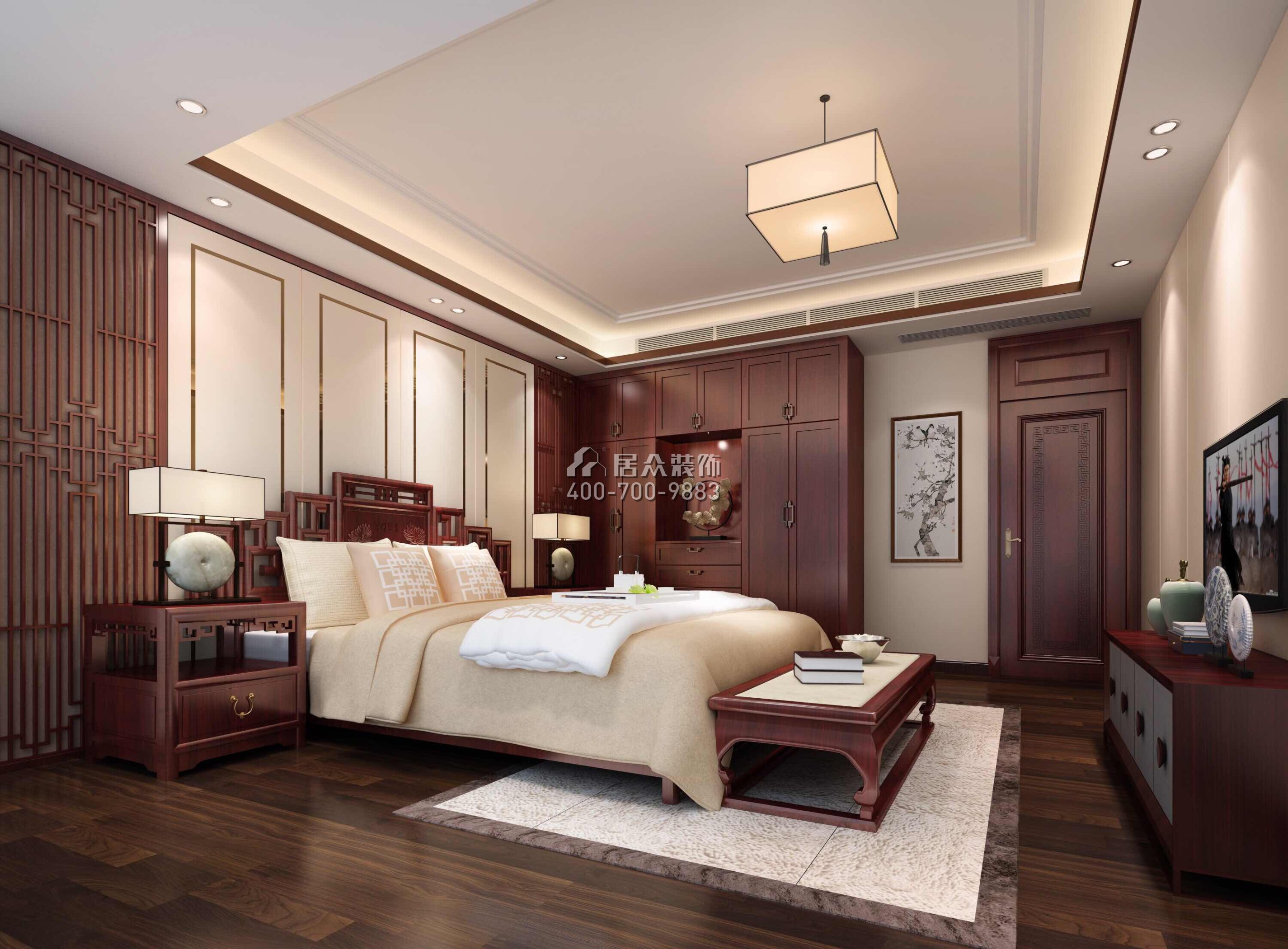 纯水岸300平方米中式风格平层户型卧室装修效果图