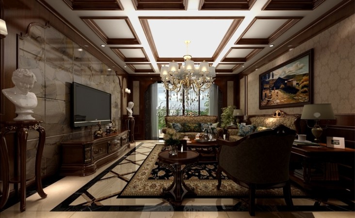 圣莫麗斯300平方米美式風格復式戶型客廳裝修效果圖