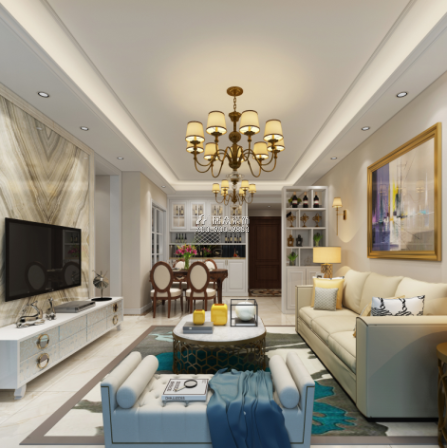 星河银湖谷98平方米美式风格平层户型客厅装修效果图