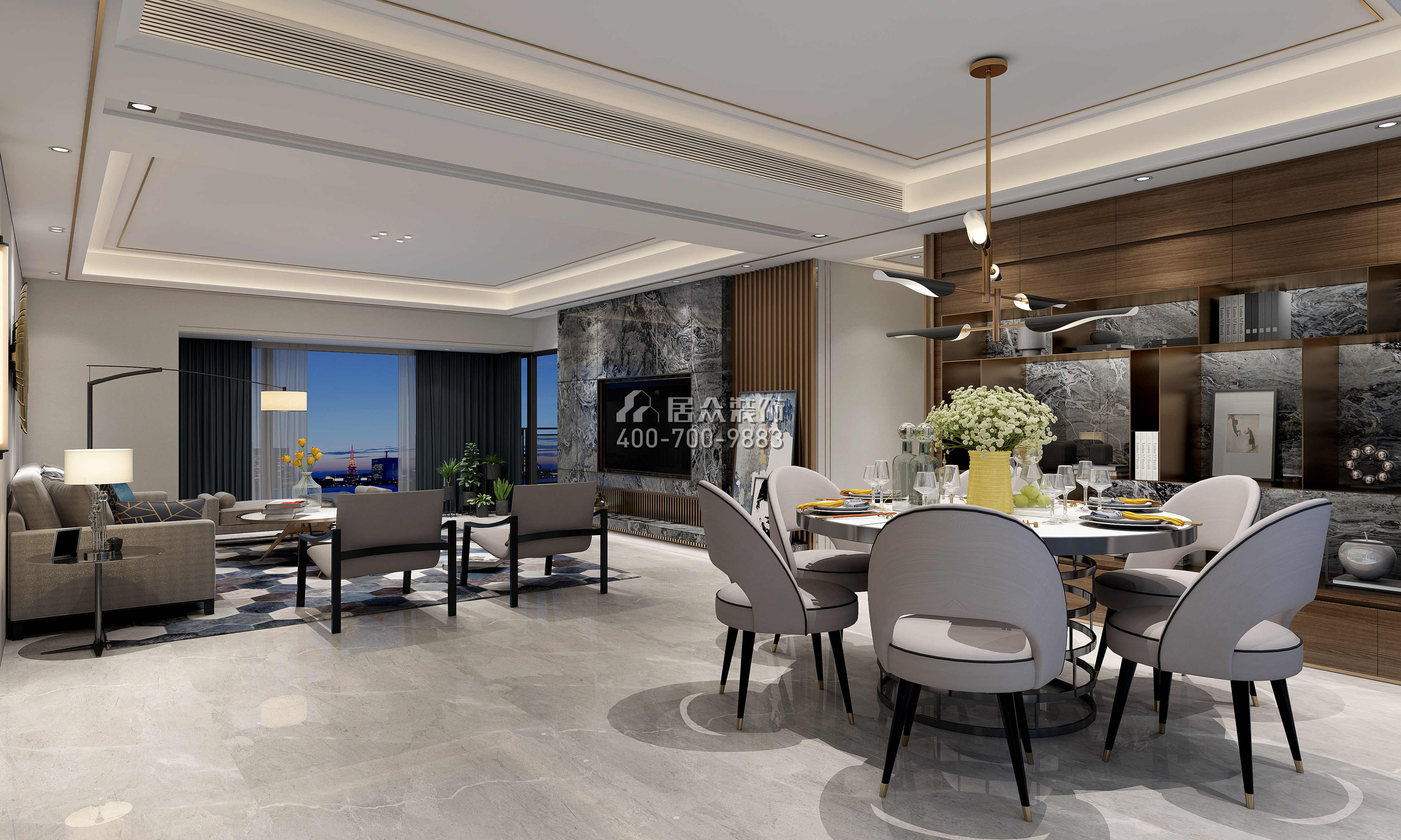 香山里花园一期220平方米现代简约风格平层户型客餐厅一体装修效果图