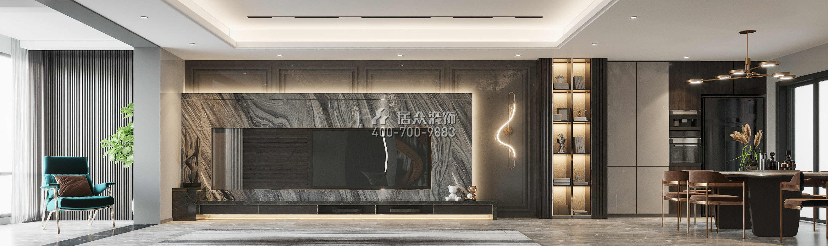北辰定江洋200平方米现代简约风格平层户型客餐厅一体（中国）科技有限公司官网效果图