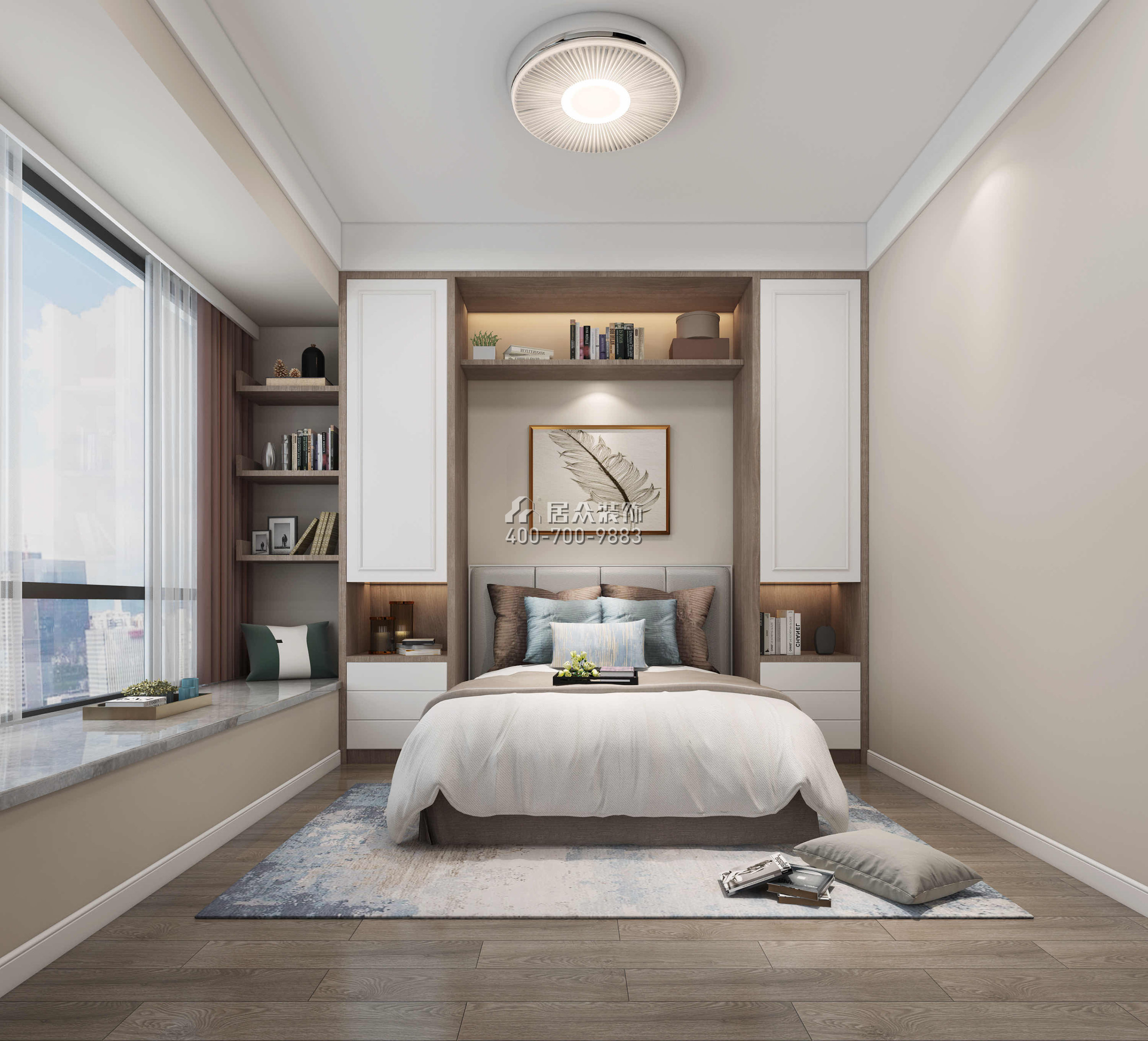 一方中心100平方米现代简约风格平层户型卧室kok电竞平台效果图