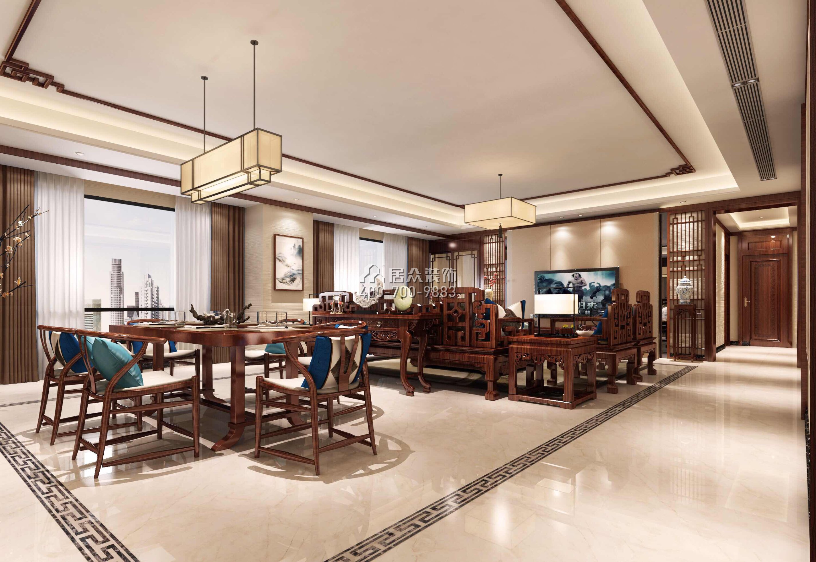 纯水岸300平方米中式风格平层户型客餐厅一体装修效果图