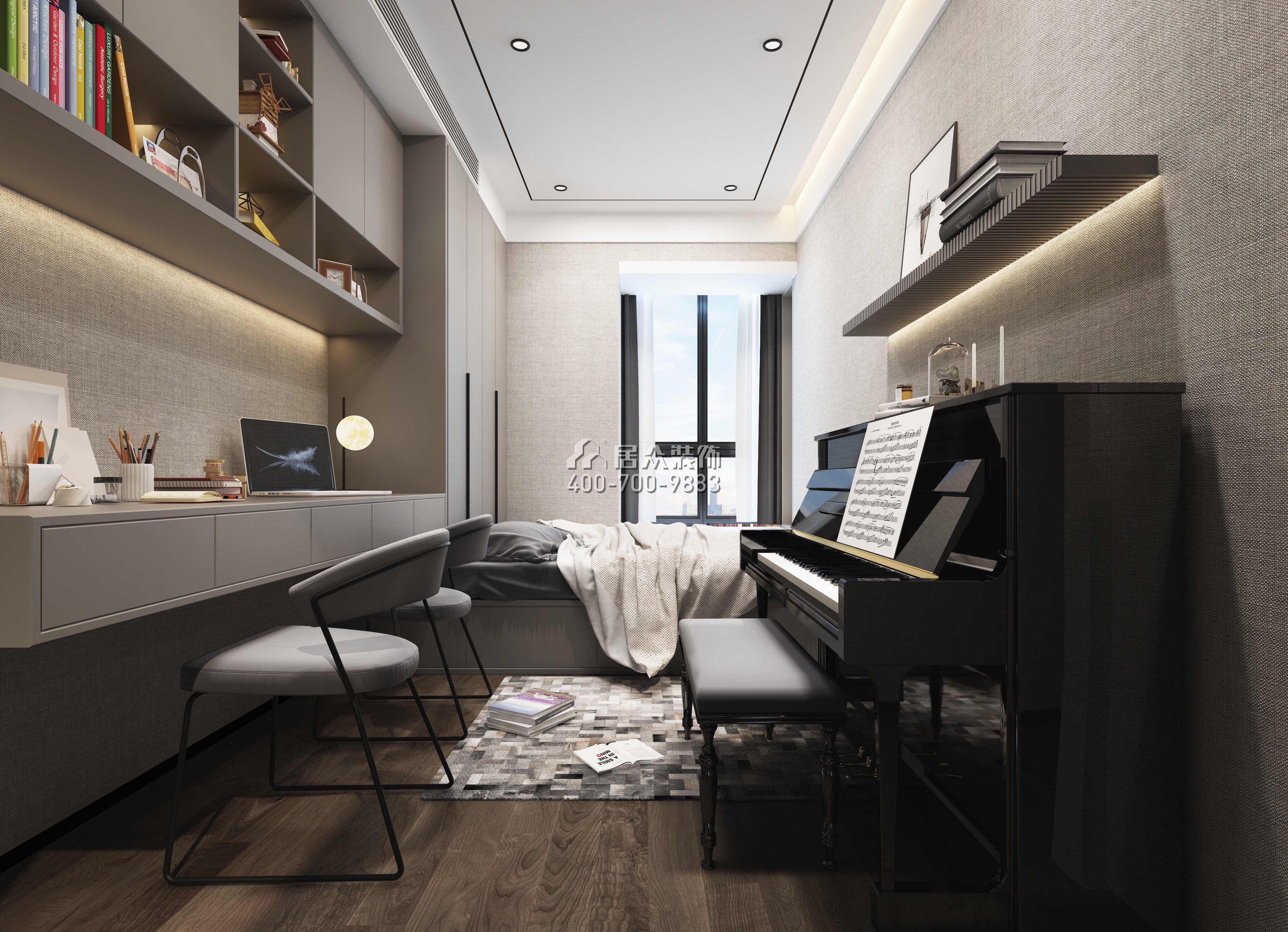 三湘海尚230平方米现代简约风格平层户型卧室书房一体装修效果图