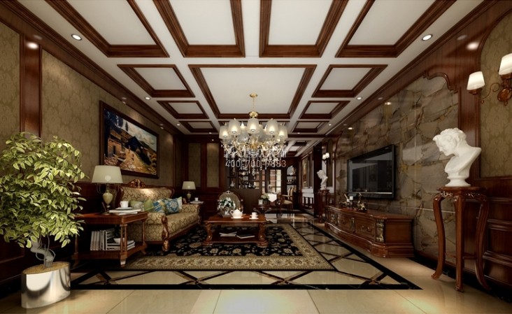 圣莫麗斯300平方米美式風格復式戶型客廳裝修效果圖