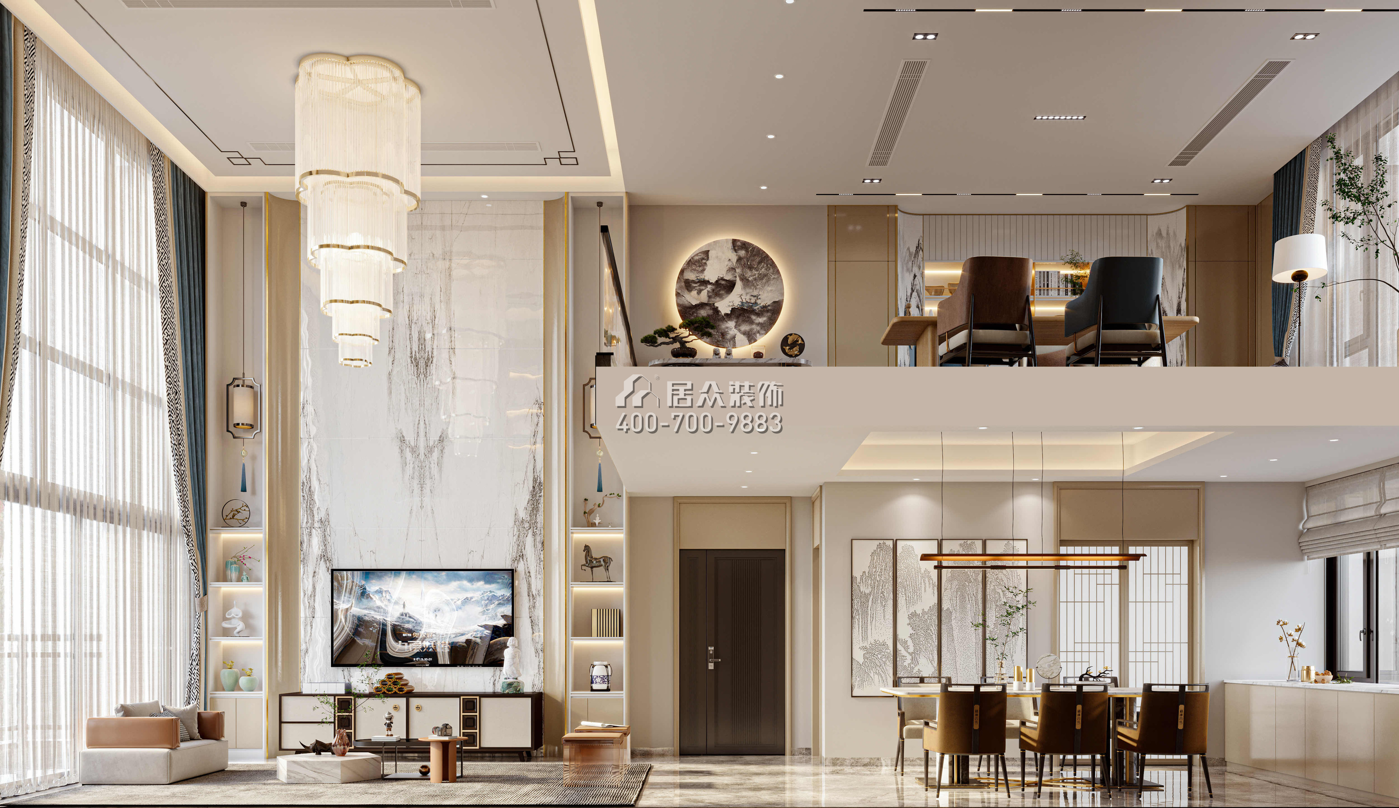 恒裕水墨兰亭360平方米中式风格复式户型客餐厅一体装修效果图