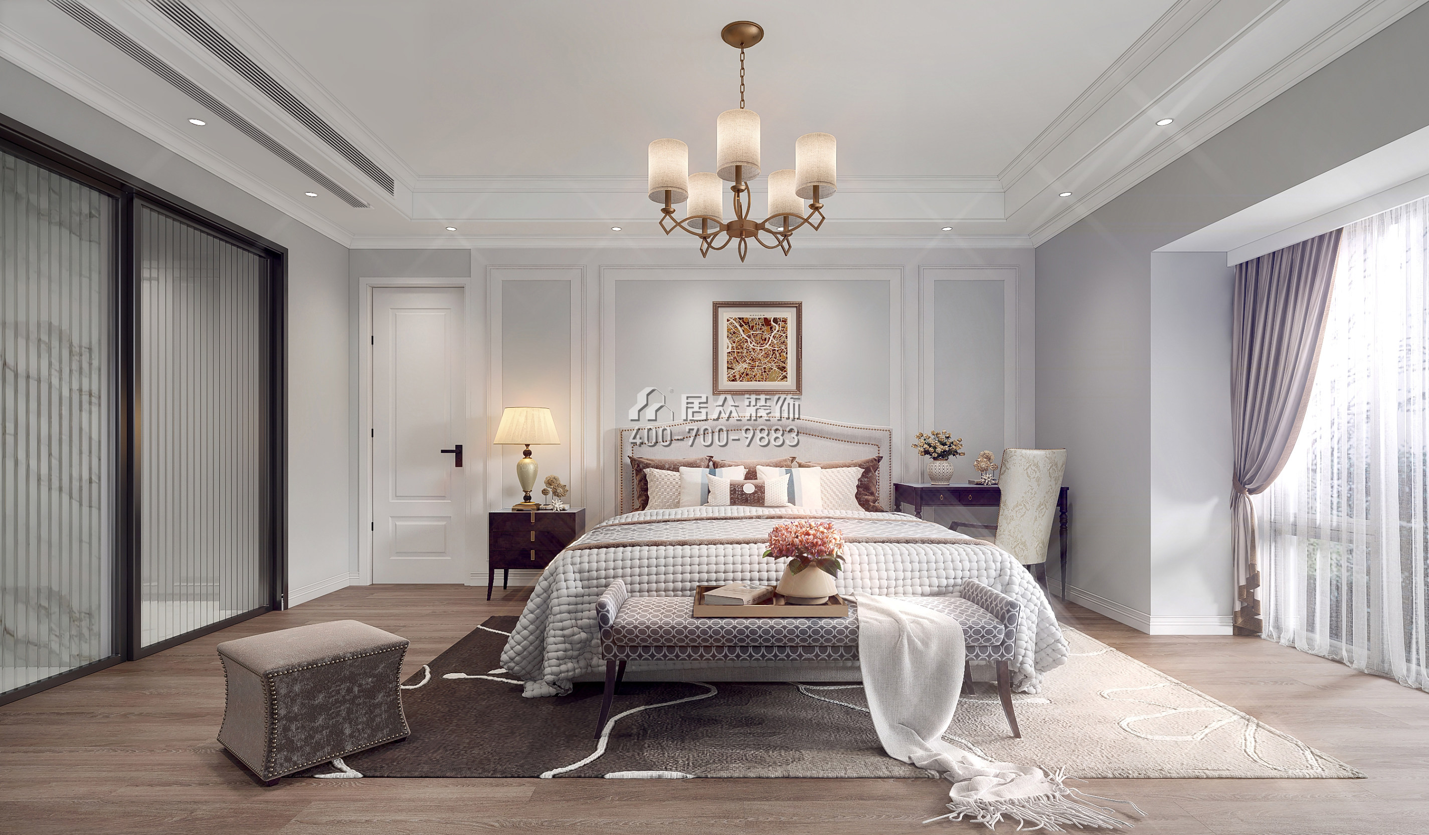 西湖林语200平方米美式风格复式户型卧室装修效果图