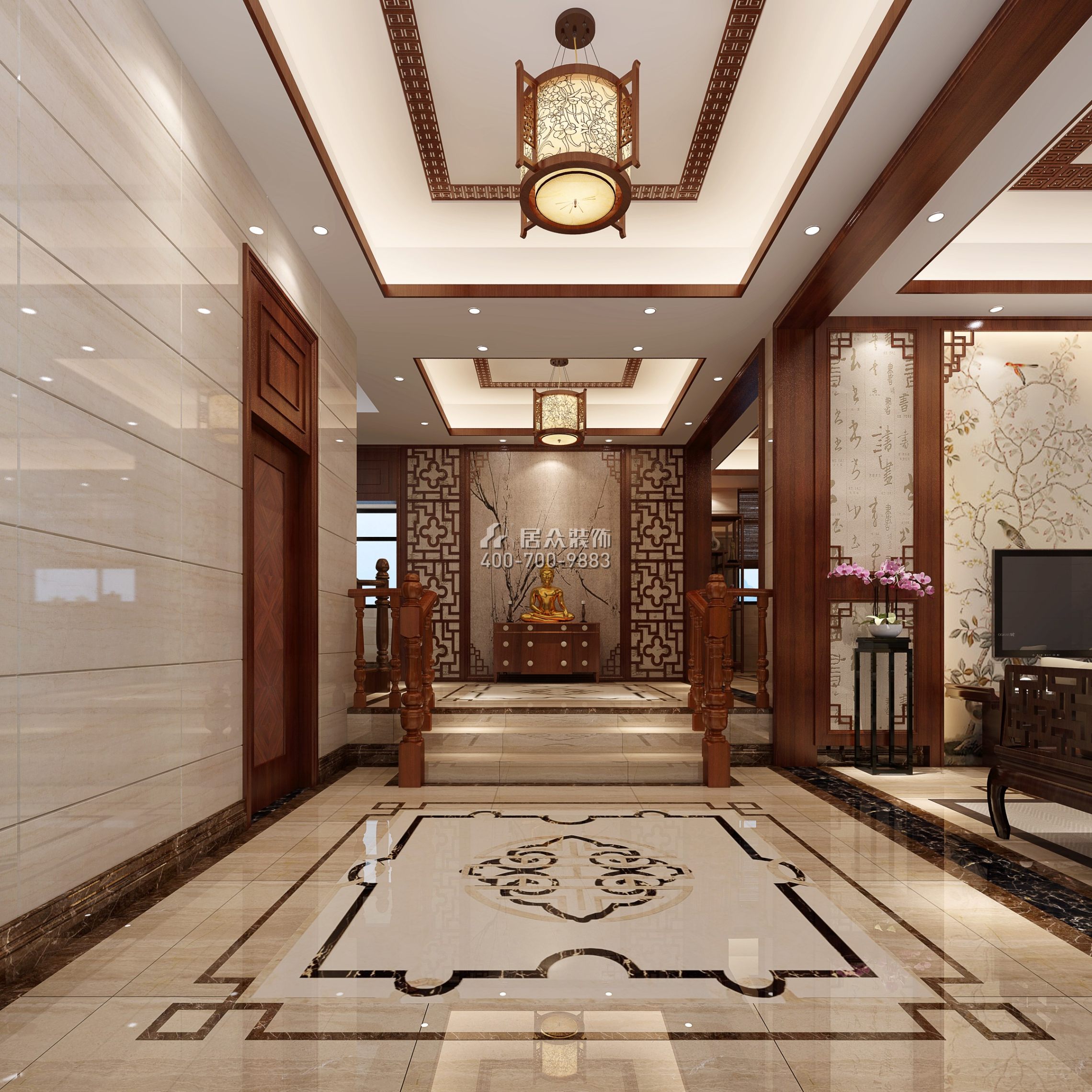 秋长白石自建房340平方米中式风格复式户型客厅装修效果图