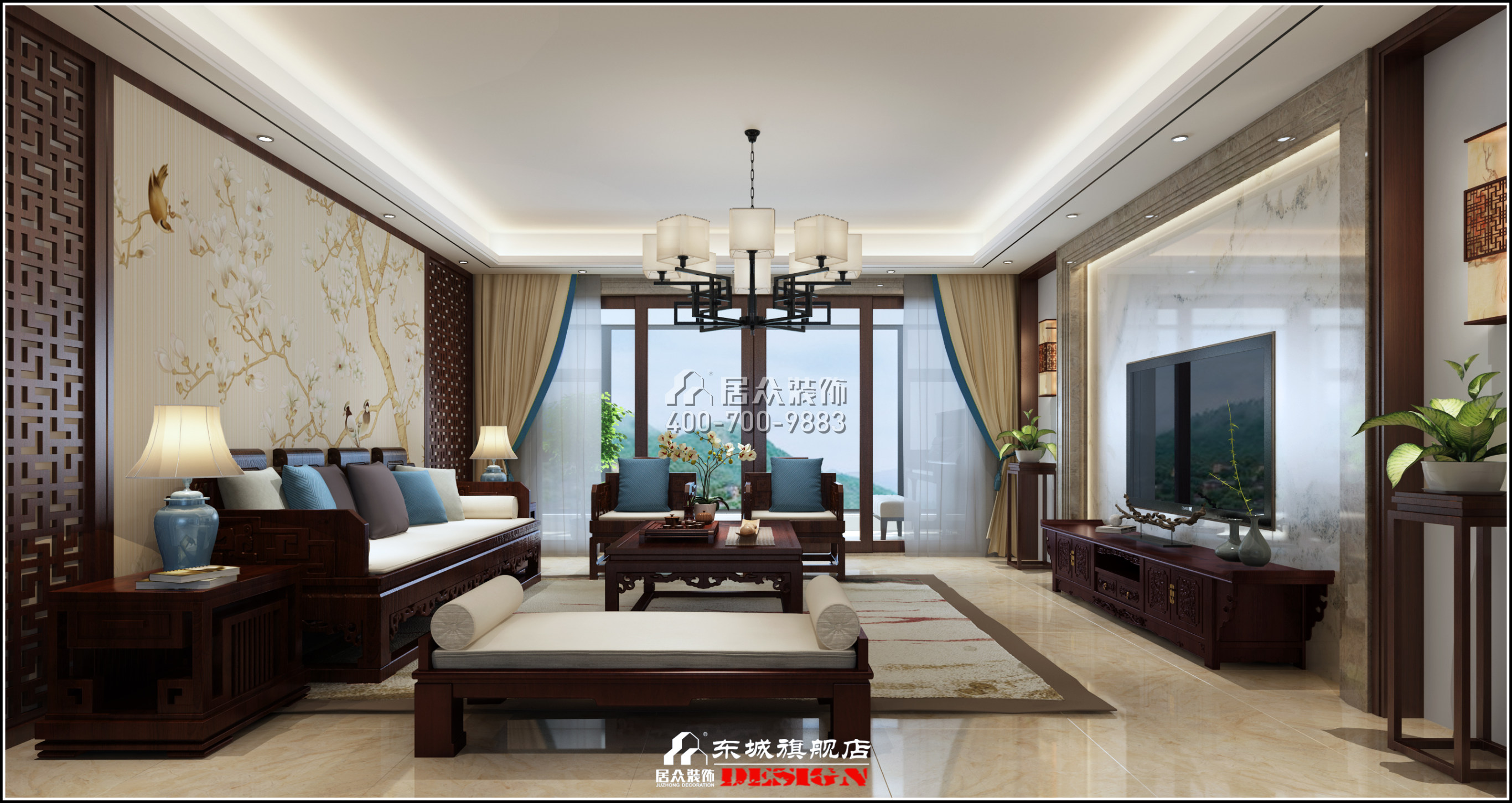 京武浪琴山275平方米中式风格平层户型客厅装修效果图