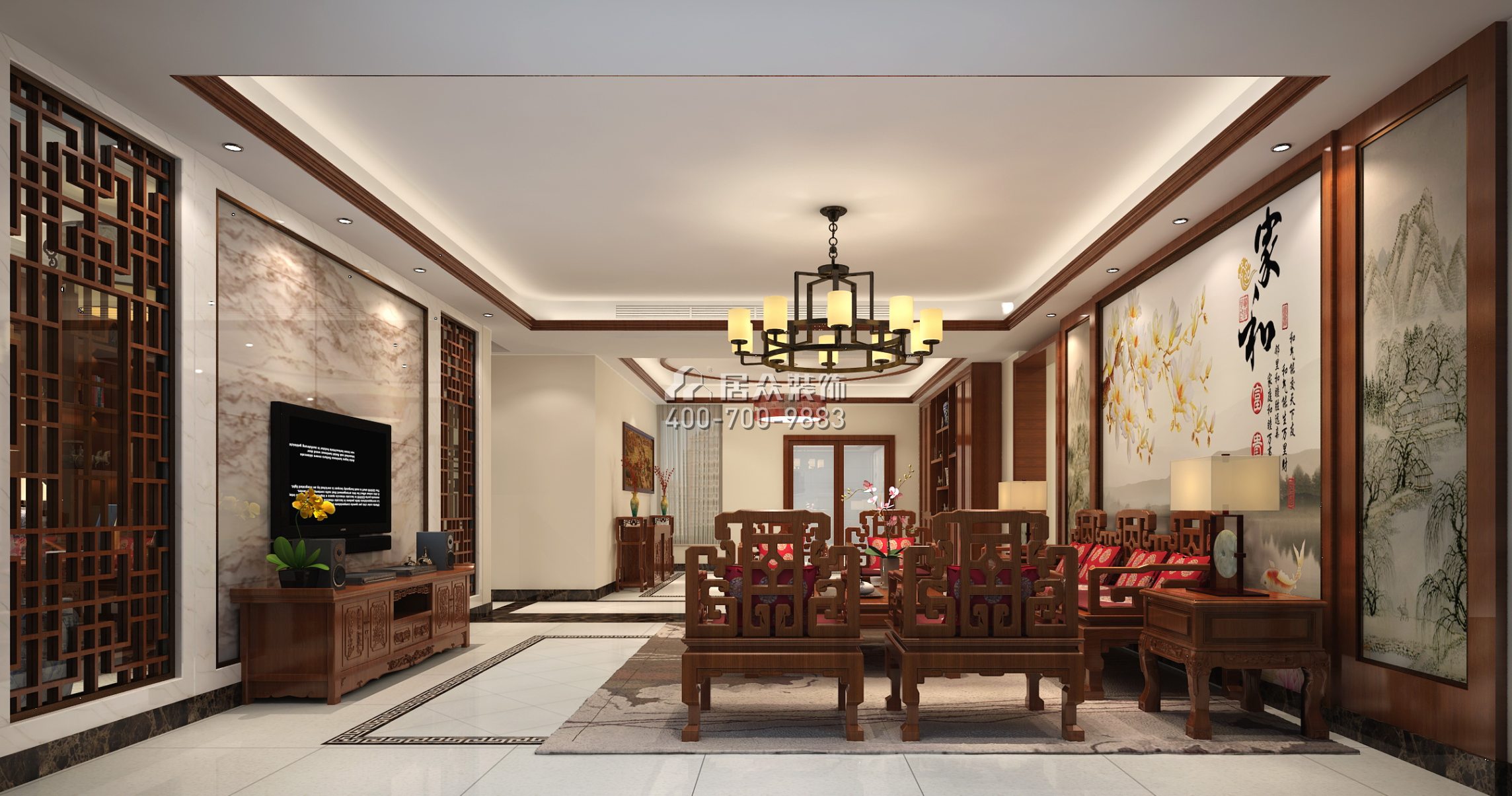 香蜜湖九号大院285平方米中式风格平层户型客厅装修效果图