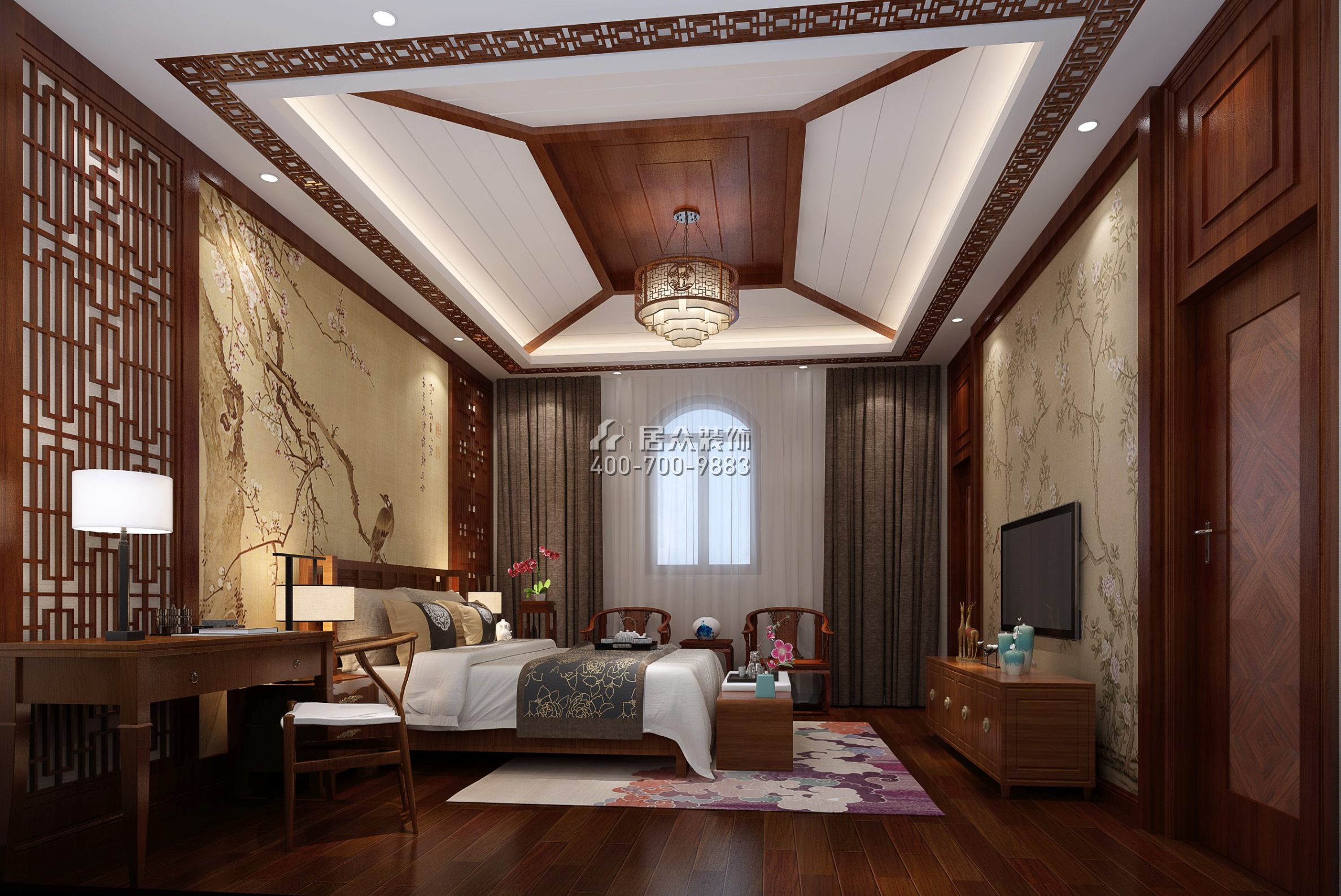 秋长白石自建房340平方米中式风格复式户型卧室装修效果图