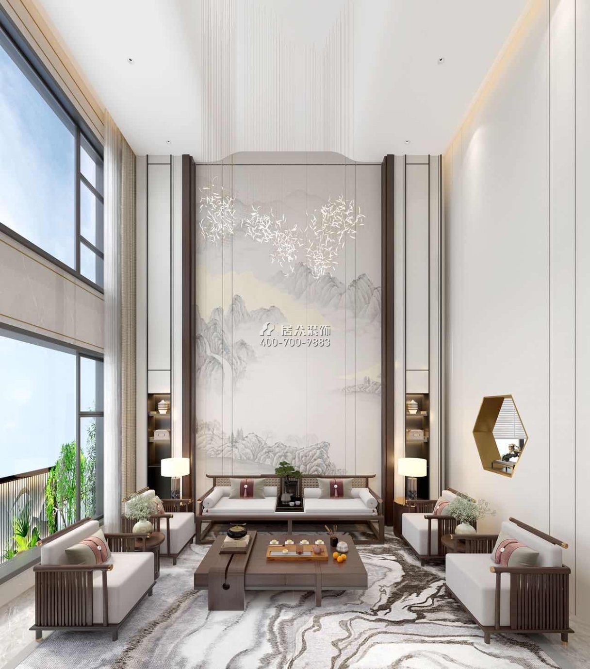 中海汤泉450平方米中式风格别墅户型客厅装修效果图