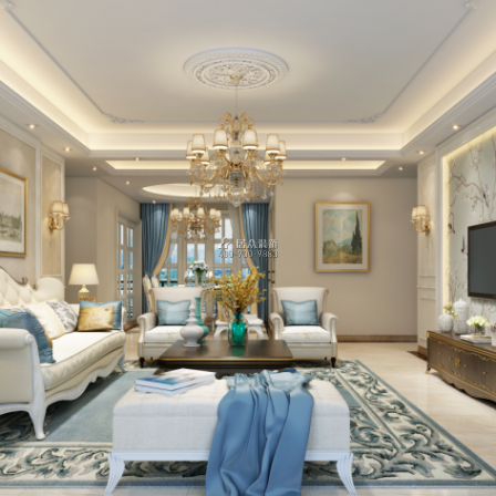 薈港尊邸140平方米歐式風格平層戶型客廳裝修效果圖