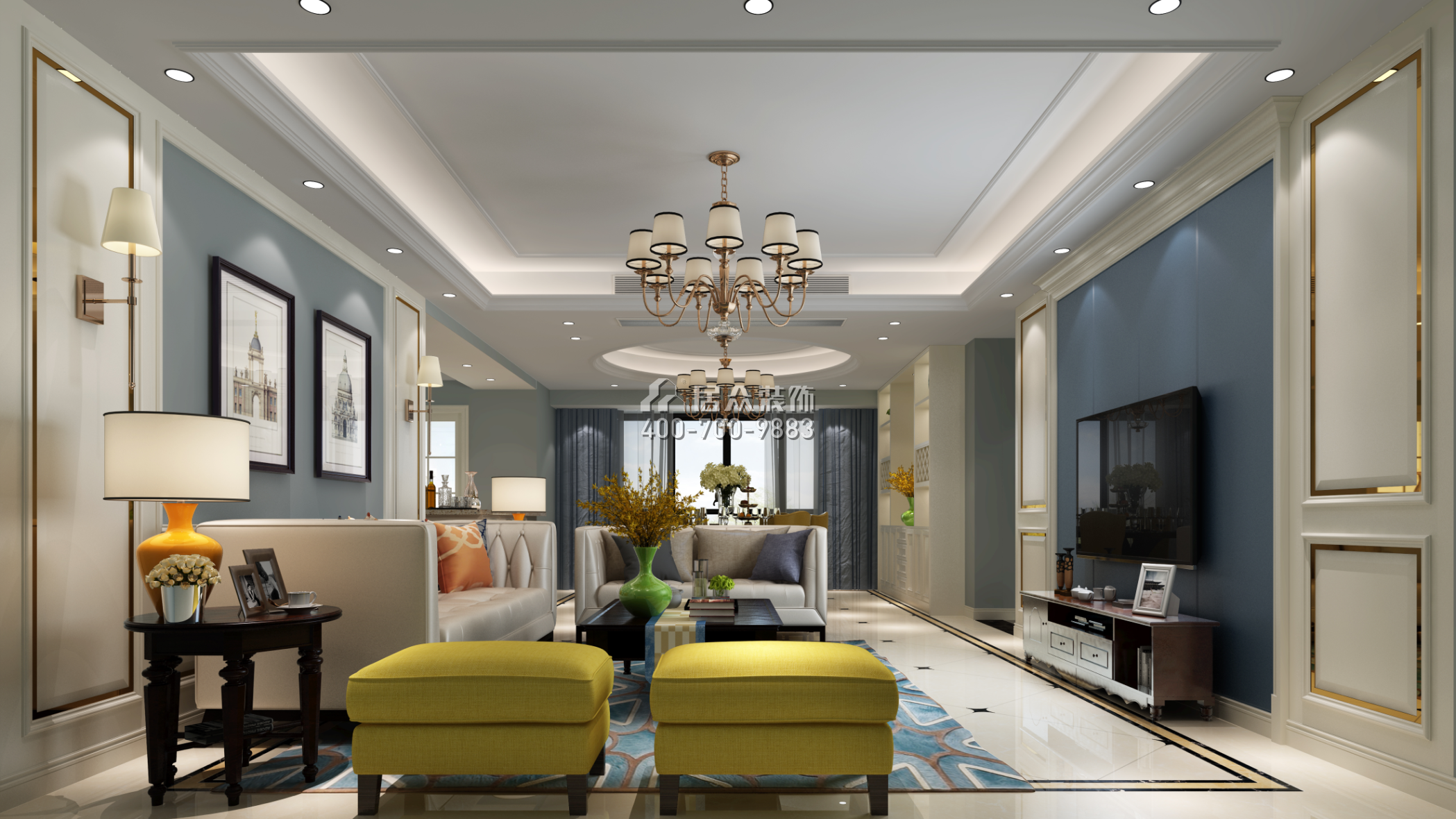 星河丹堤163平方米美式風格平層戶型客廳裝修效果圖
