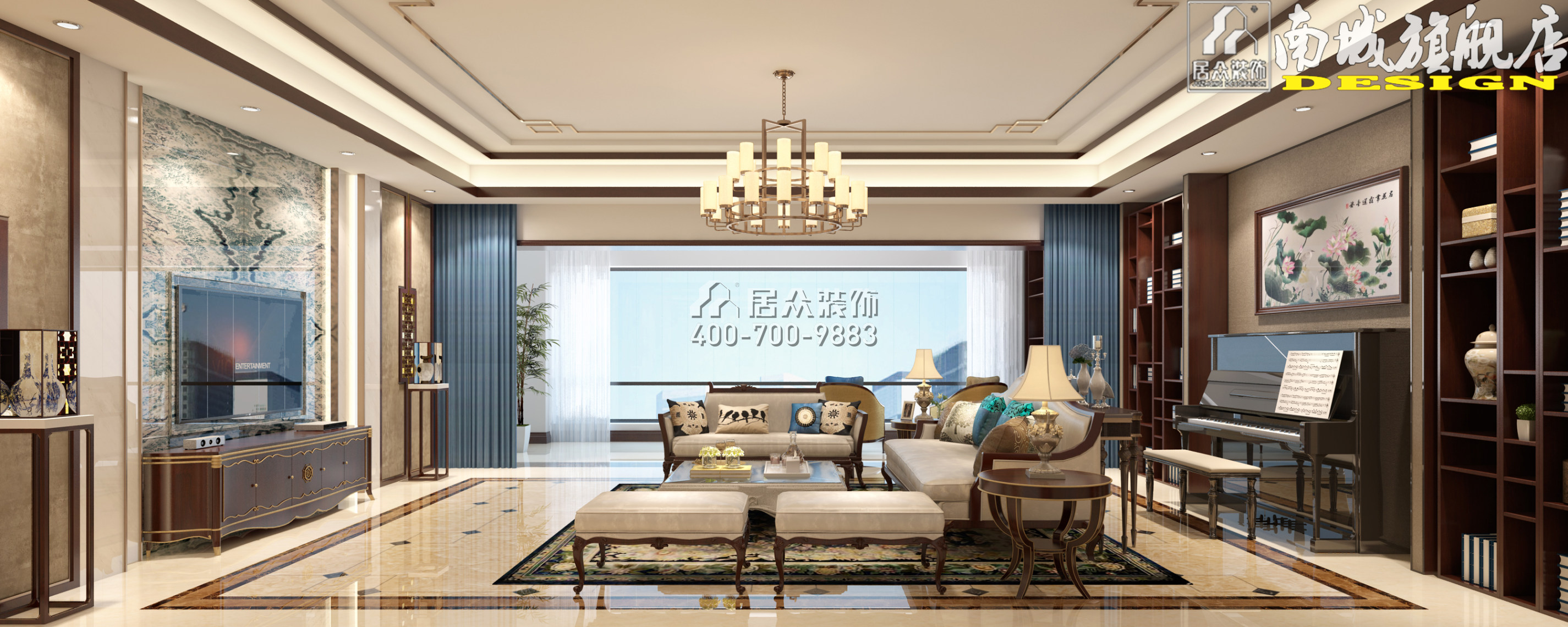 碧桂园天玺弯406平方米中式风格平层户型客厅装修效果图