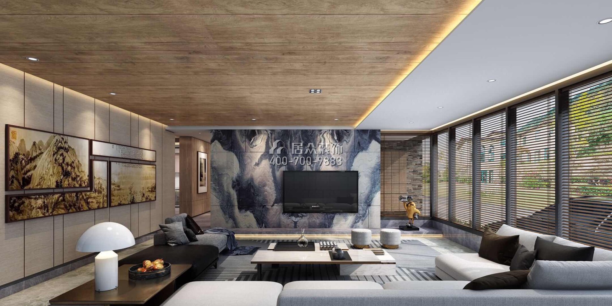 莲湖山庄333平方米现代简约风格别墅户型客厅装修效果图