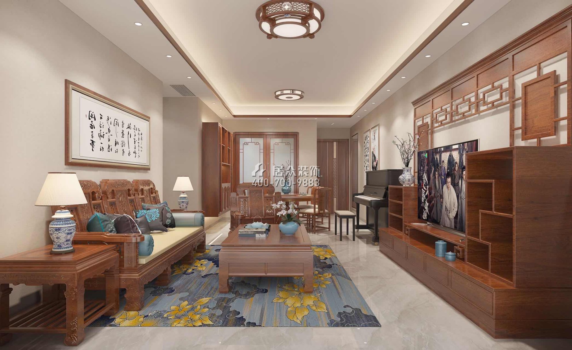 蔚蓝海岸三期93平方米中式风格平层户型客厅装修效果图