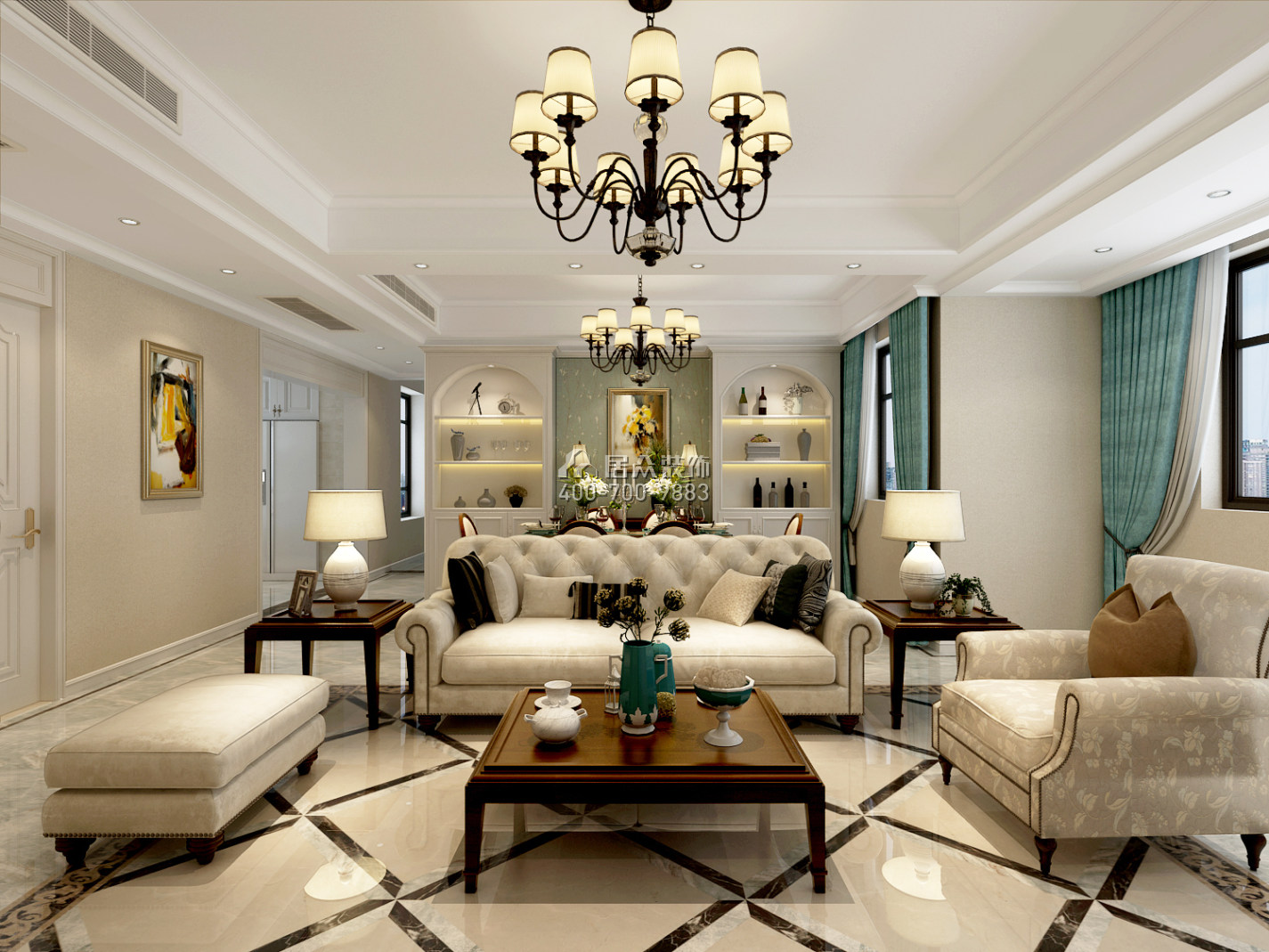 紫御華庭134平方米美式風格平層戶型客廳裝修效果圖