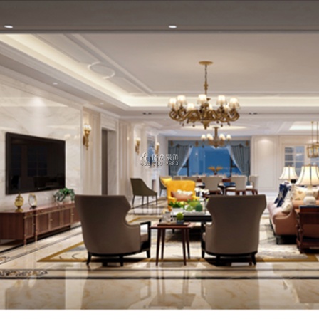 香蜜湖九号大院500平方米美式风格平层户型客厅装修效果图